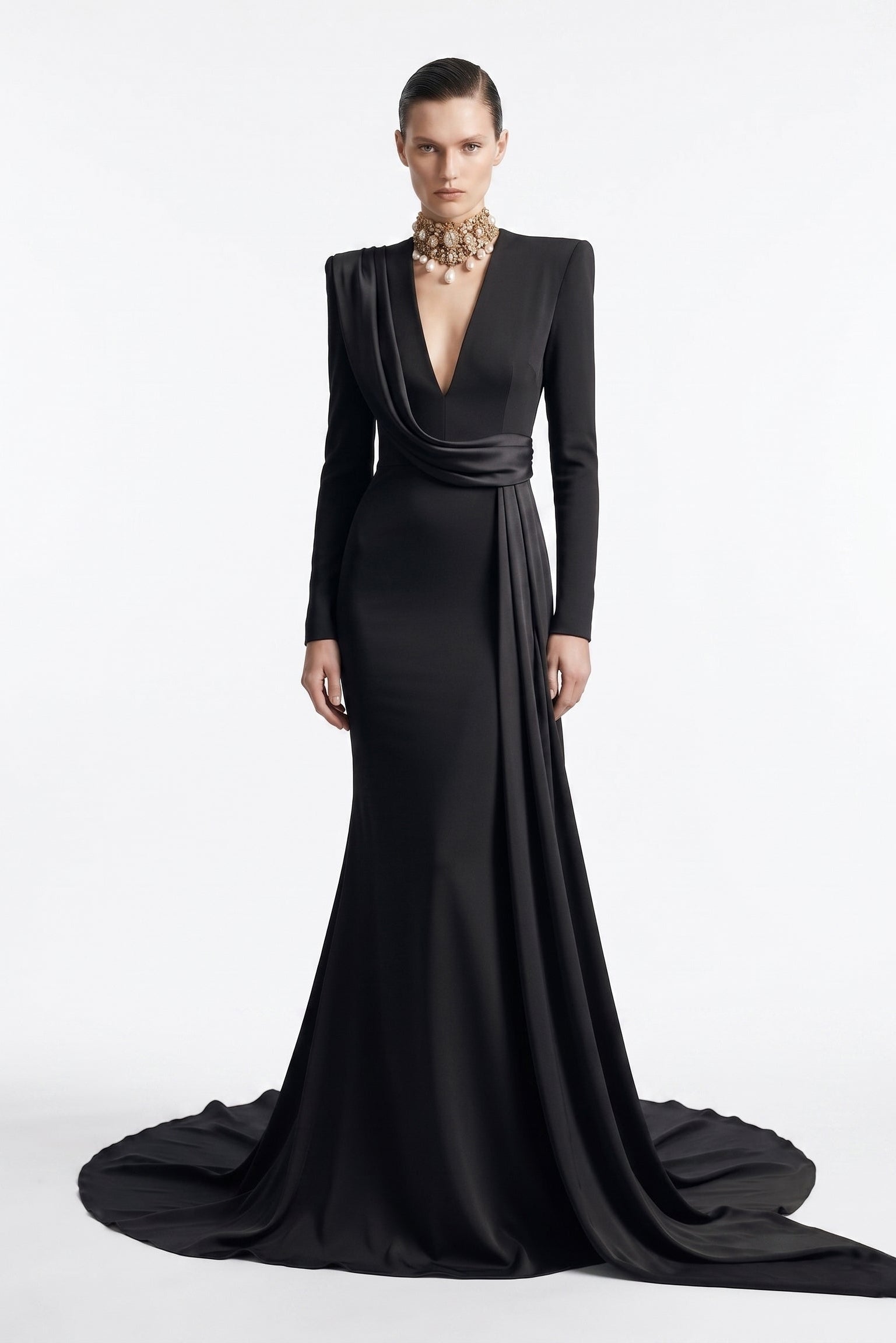 Fouad Sarkis F3046 – Draped Mermaid Evening Gown with Structured Shoulders