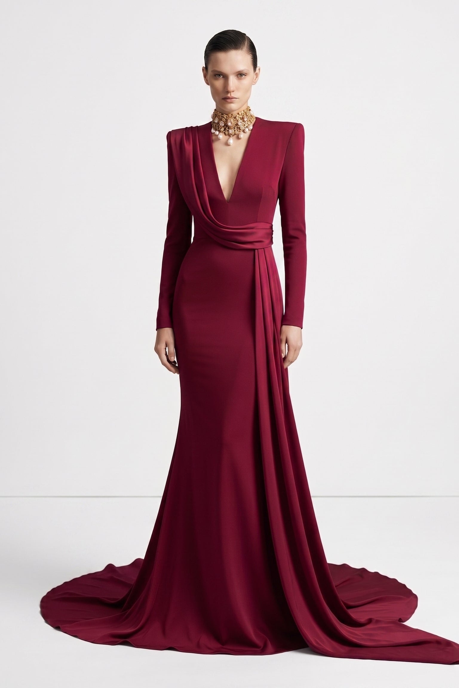 Fouad Sarkis F3046 – Draped Mermaid Evening Gown with Structured Shoulders