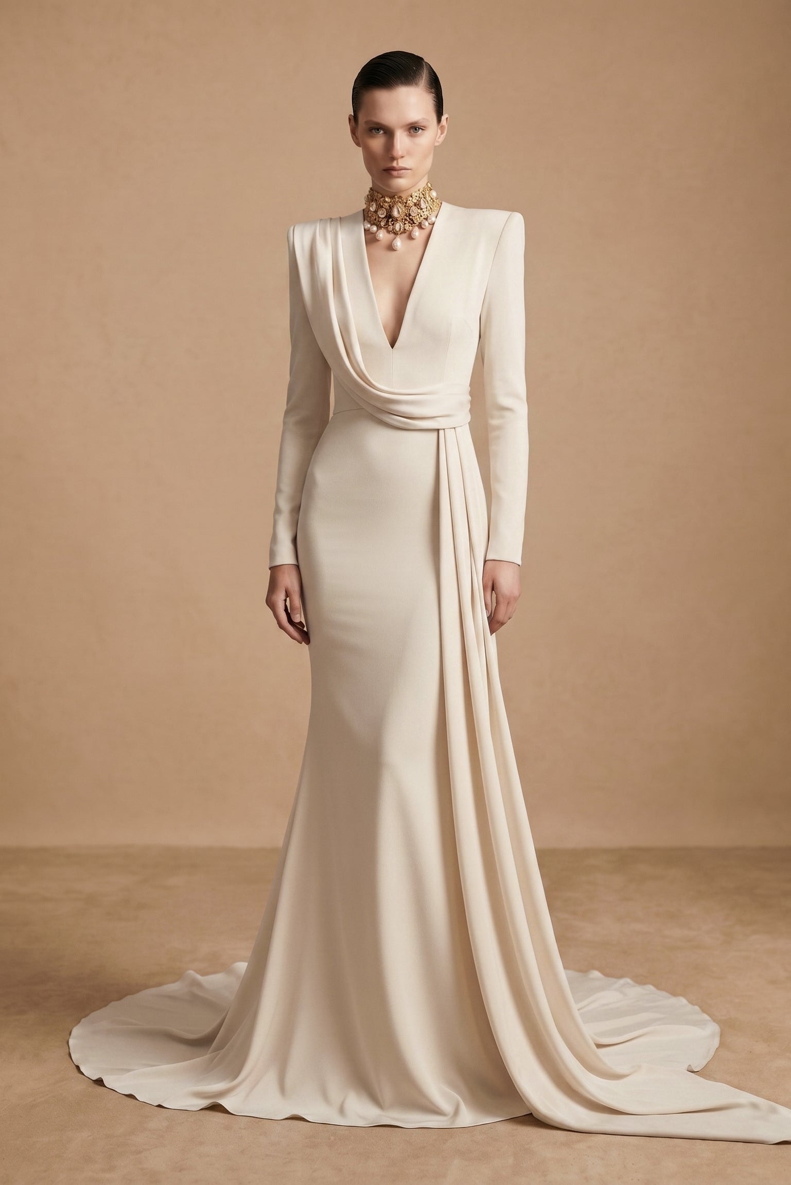 Fouad Sarkis F3046 – Draped Mermaid Evening Gown with Structured Shoulders