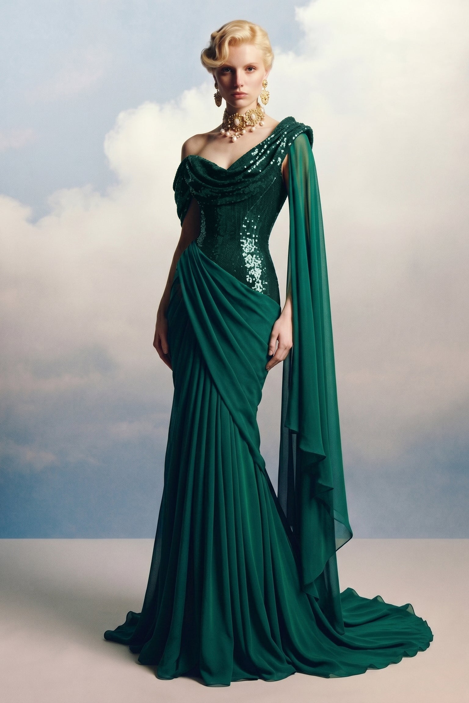 Fouad Sarkis F3048 – Burgundy One-Shoulder Sequin & Draped Chiffon Evening Gown