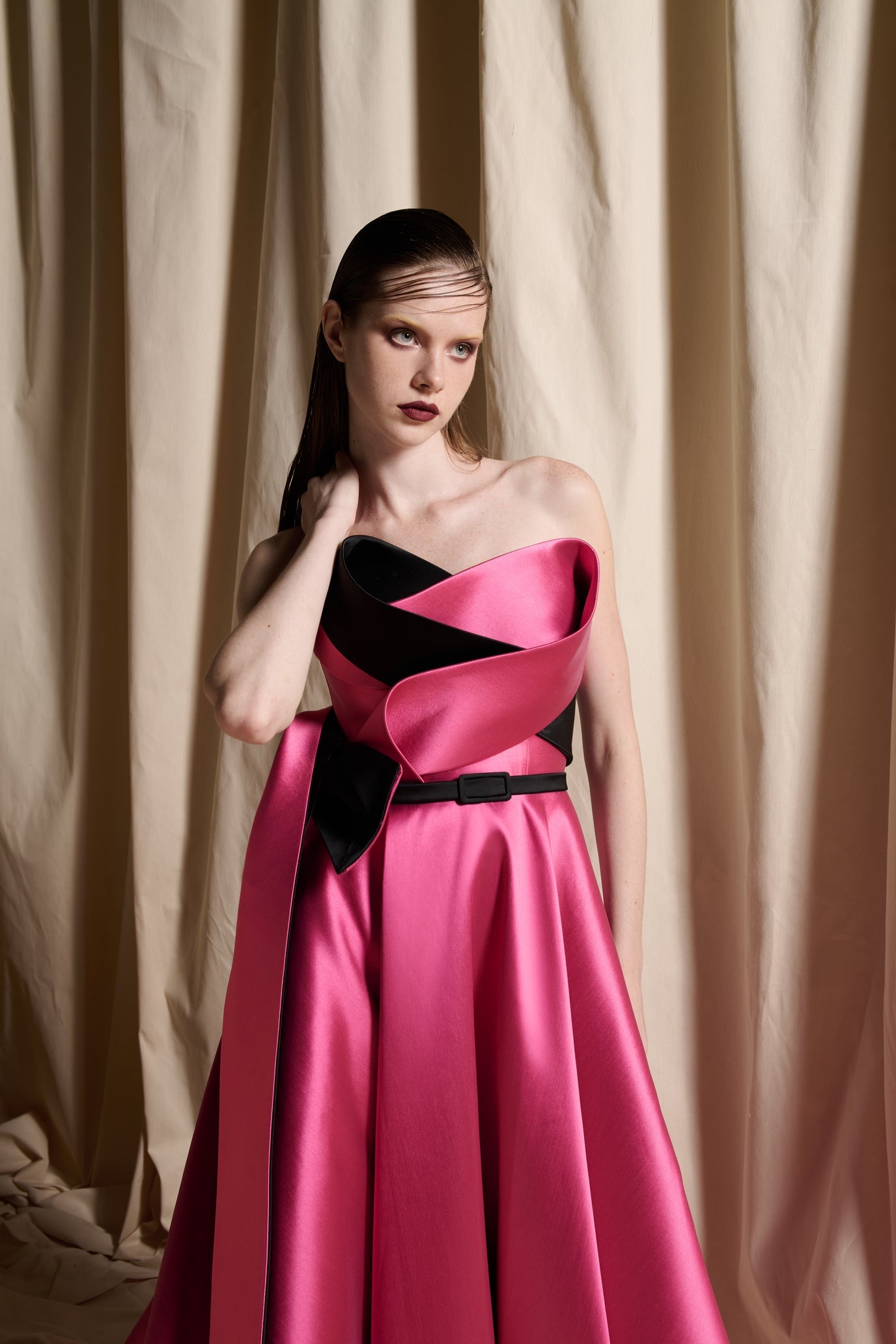 Fuchsia Satin Evening Gown with Black Sculptural Accent - N0703