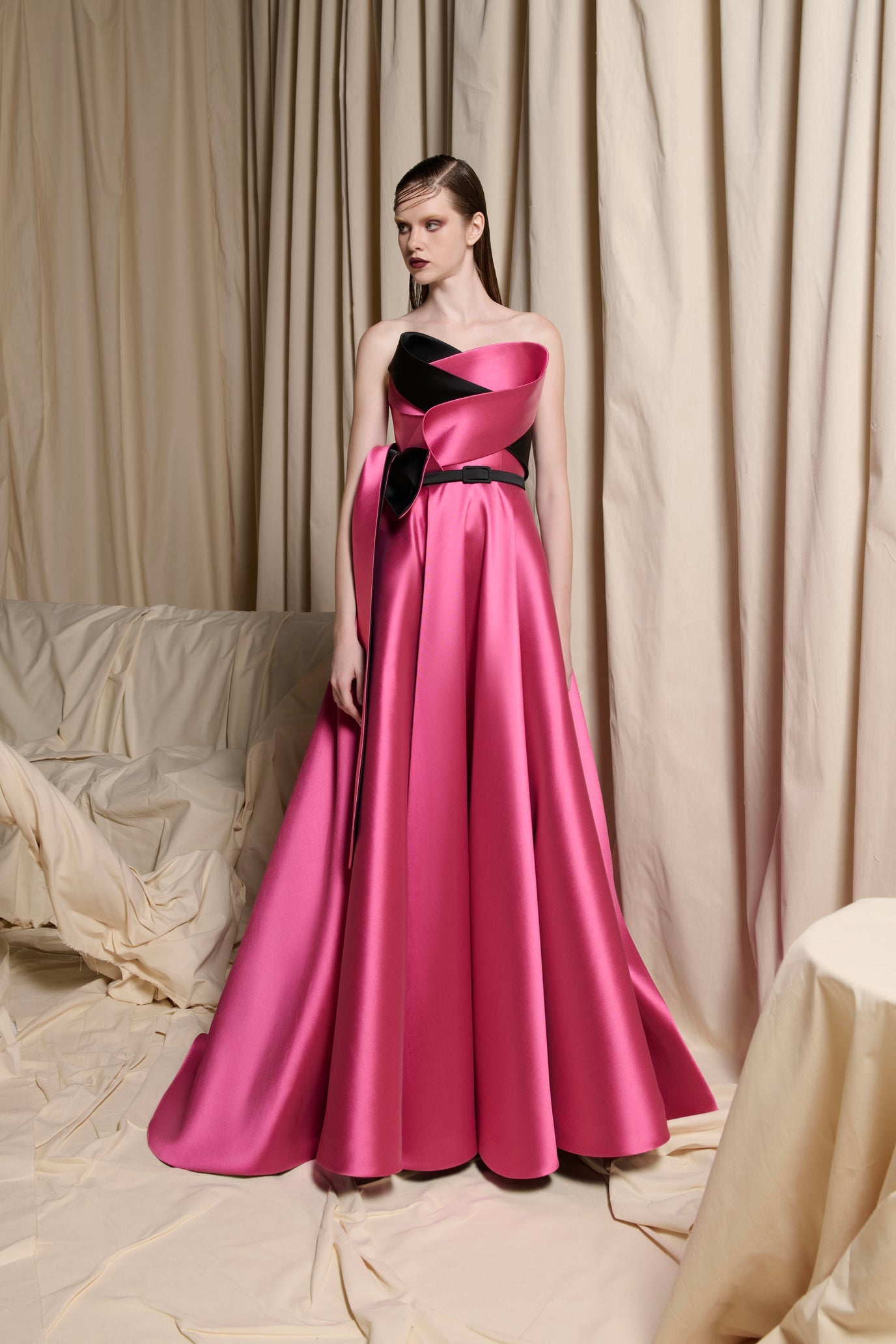 Fuchsia Satin Evening Gown with Black Sculptural Accent - N0703