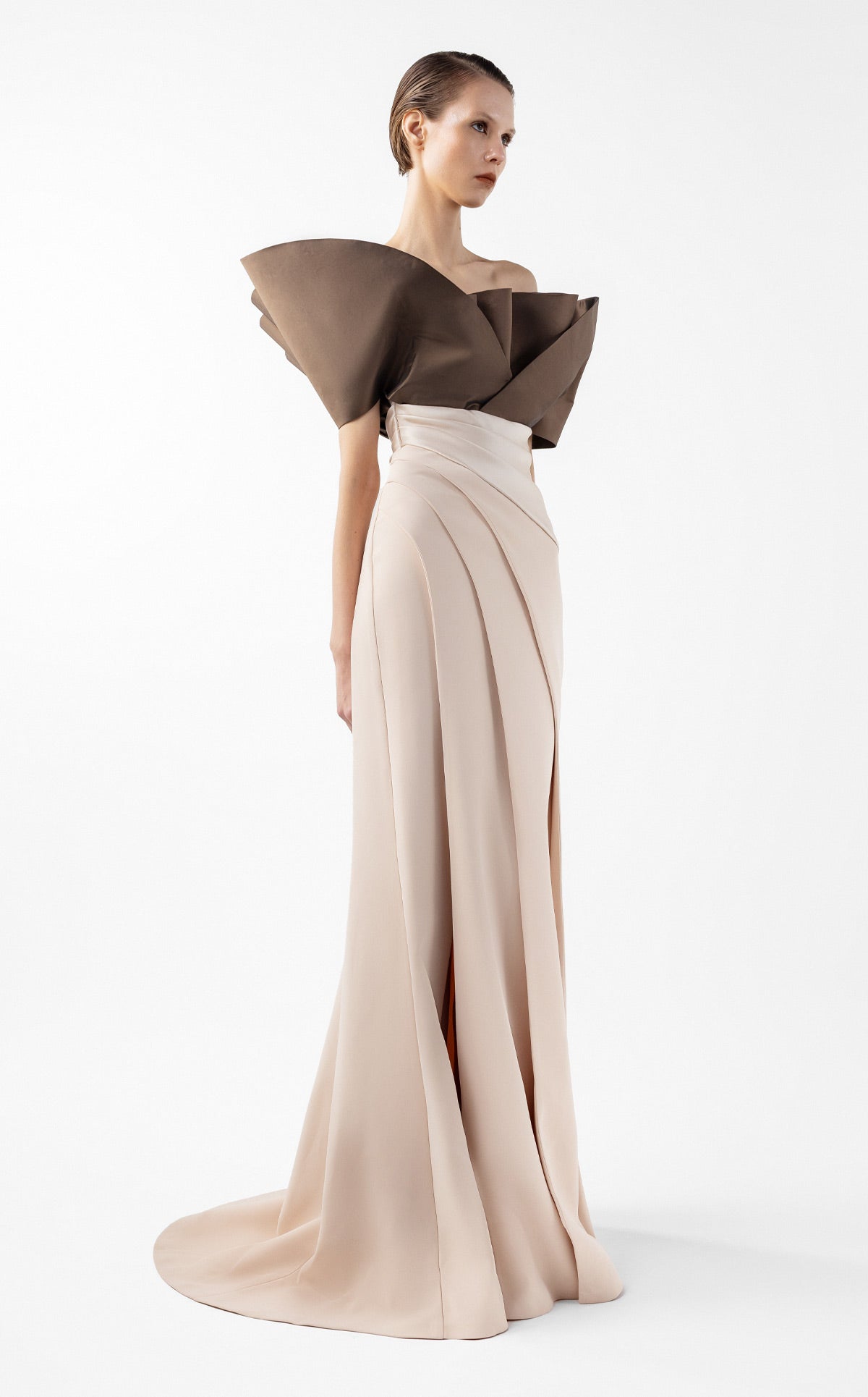 Two-Tone Draped Gown with Sculptural Bodice in Chocolate and Nude G2000