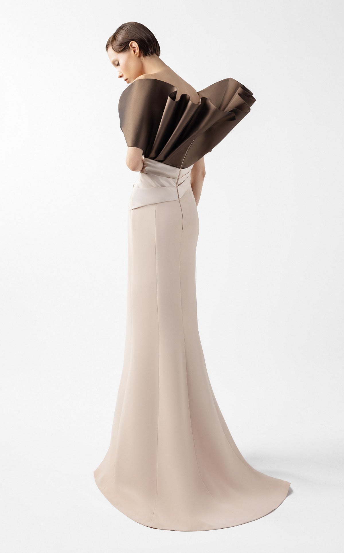 Two-Tone Draped Gown with Sculptural Bodice in Chocolate and Nude G2000