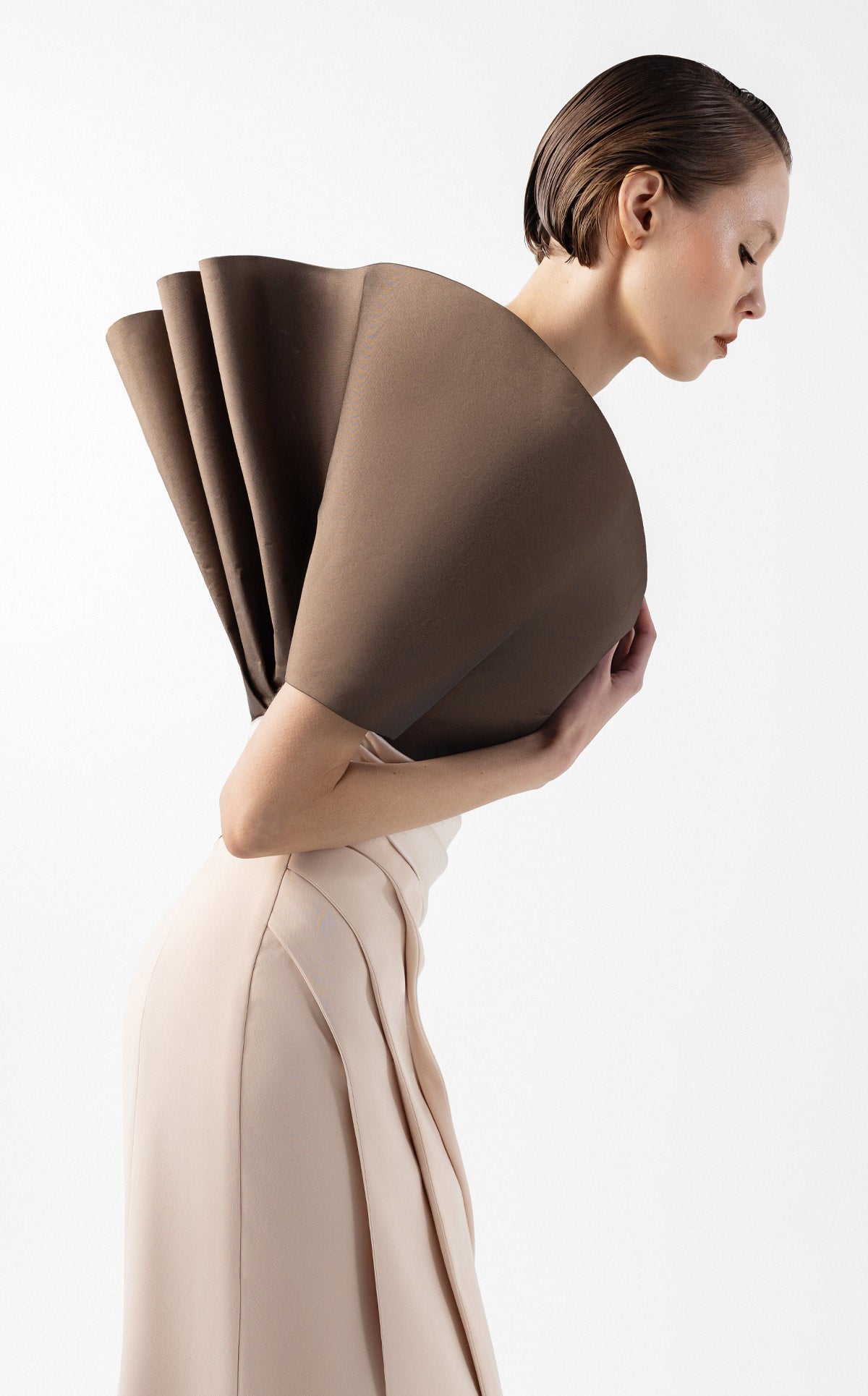 Two-Tone Draped Gown with Sculptural Bodice in Chocolate and Nude G2000