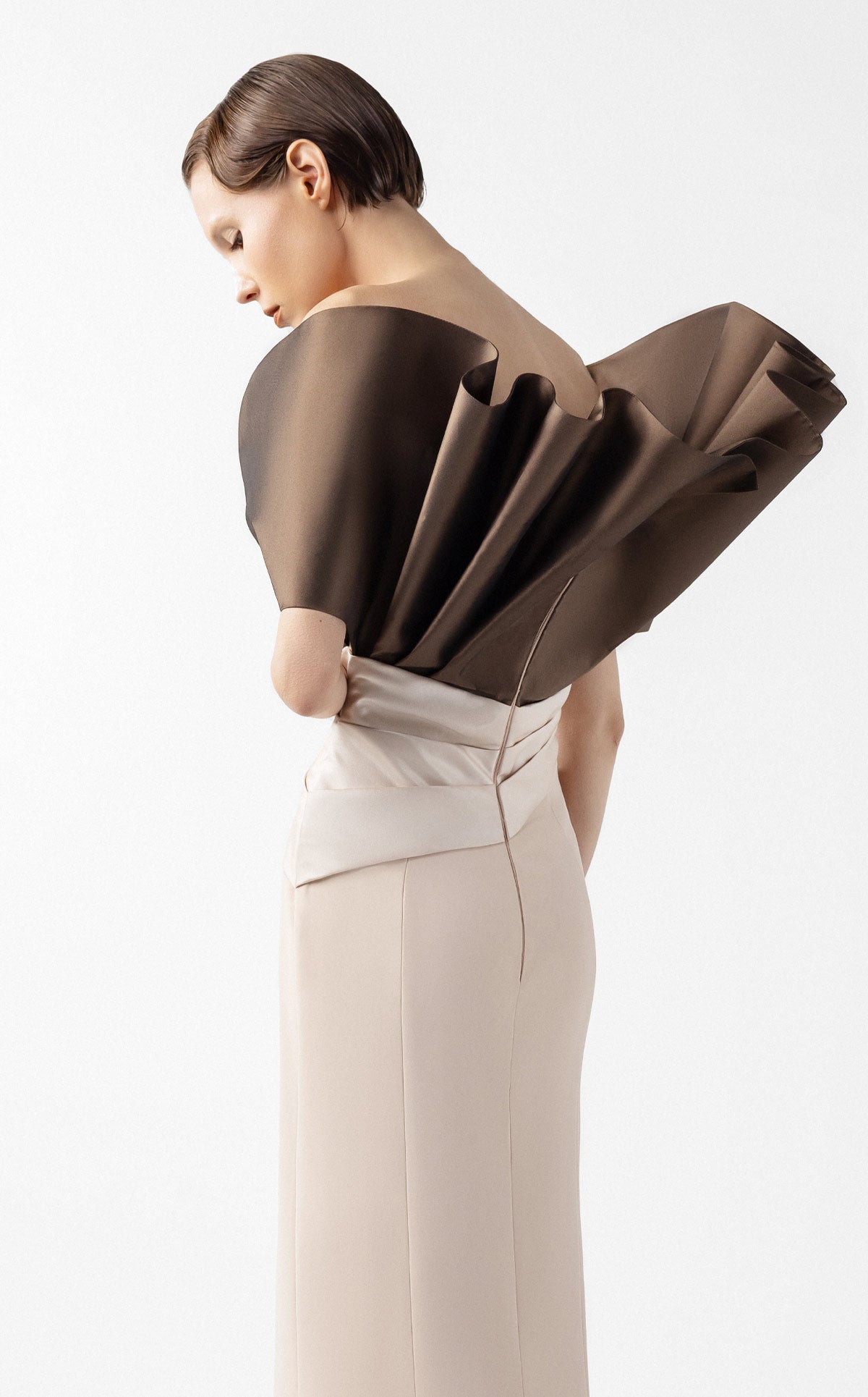 Two-Tone Draped Gown with Sculptural Bodice in Chocolate and Nude G2000