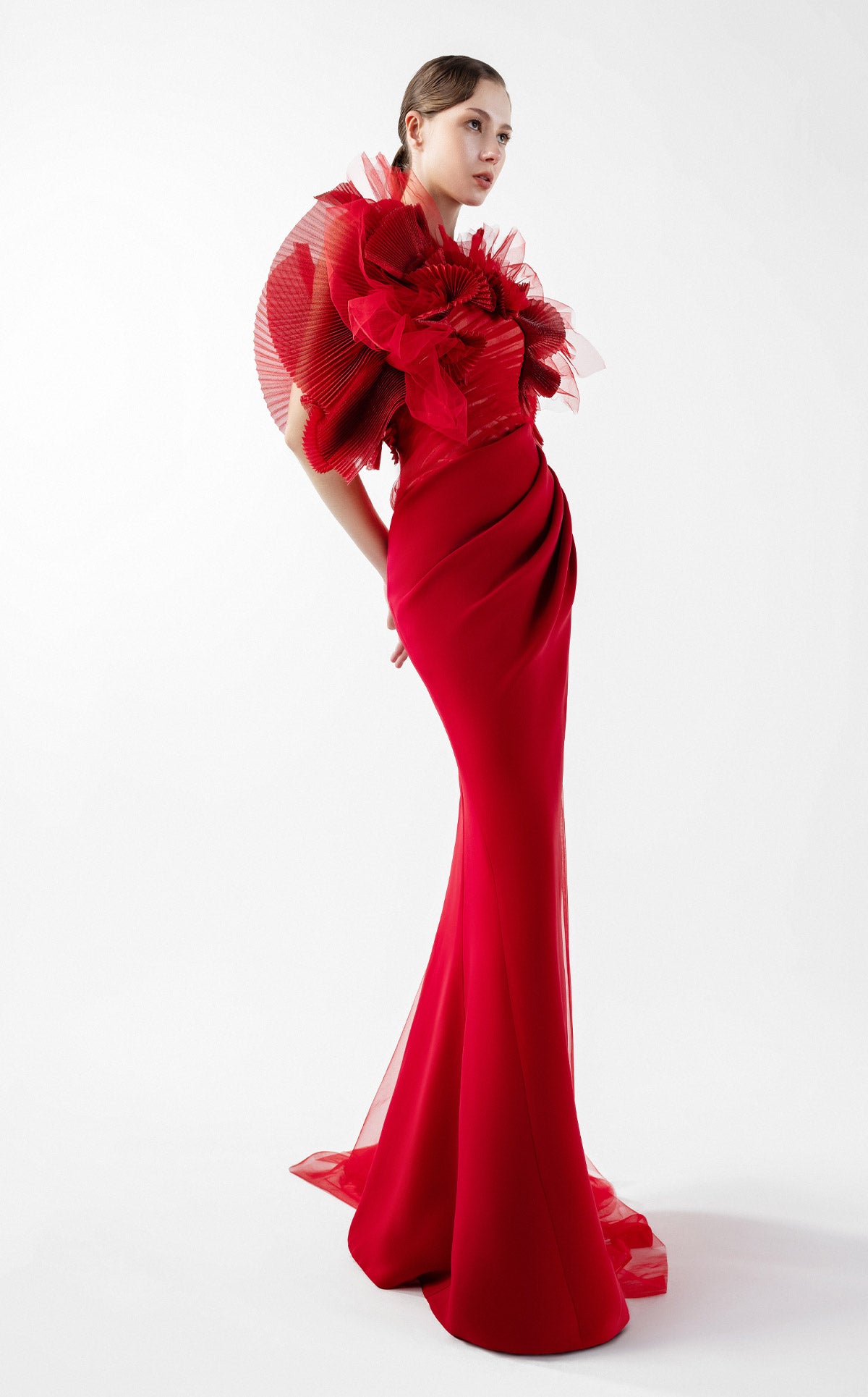 Crimson Whisper Red Crepe and Ethereal Tulle Evening Gown G2001
