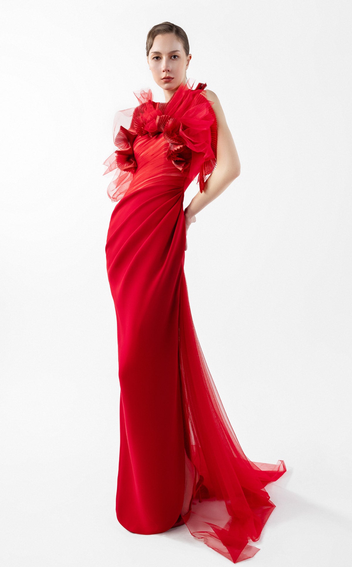 Crimson Whisper Red Crepe and Ethereal Tulle Evening Gown G2001