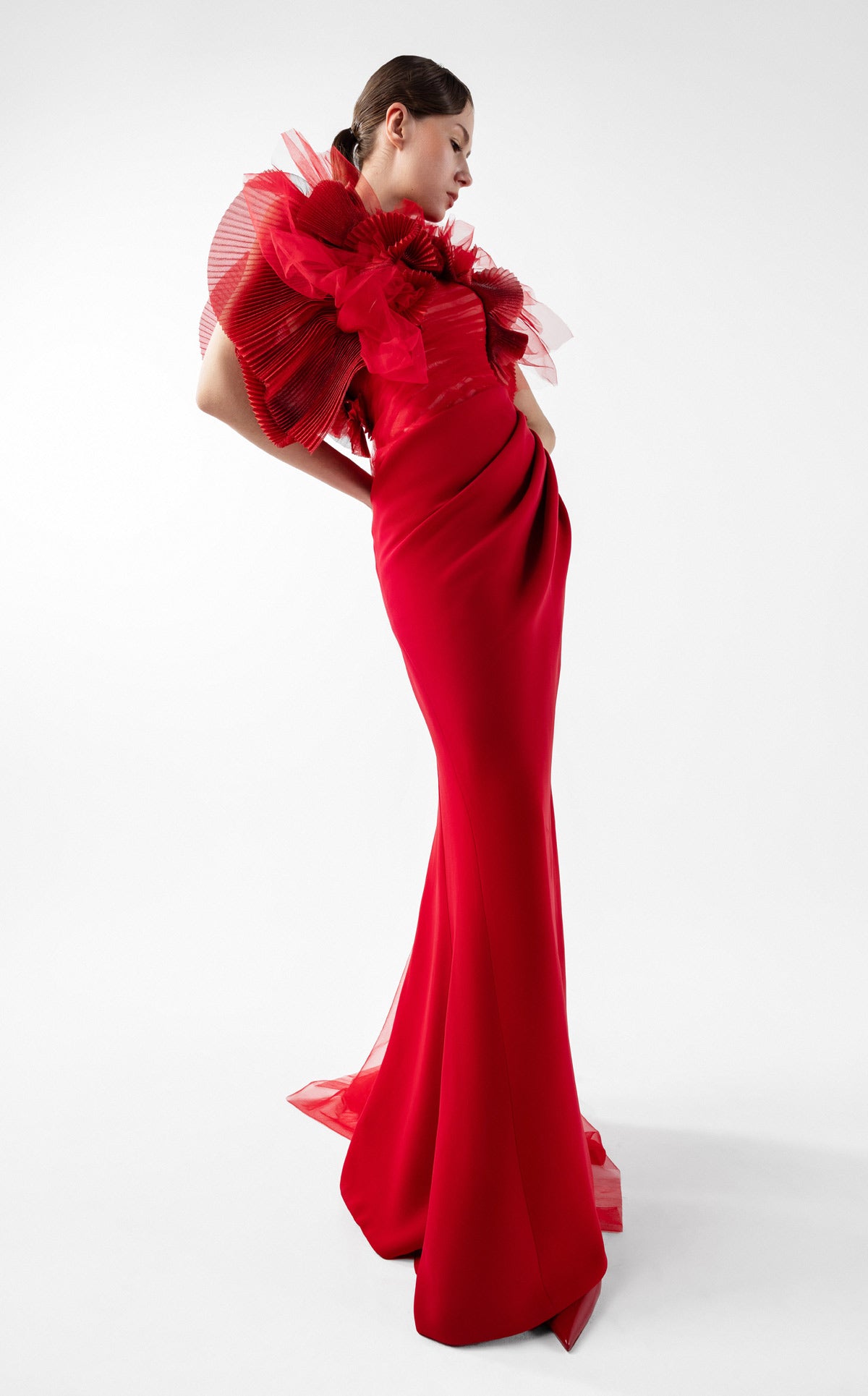 Crimson Whisper Red Crepe and Ethereal Tulle Evening Gown G2001