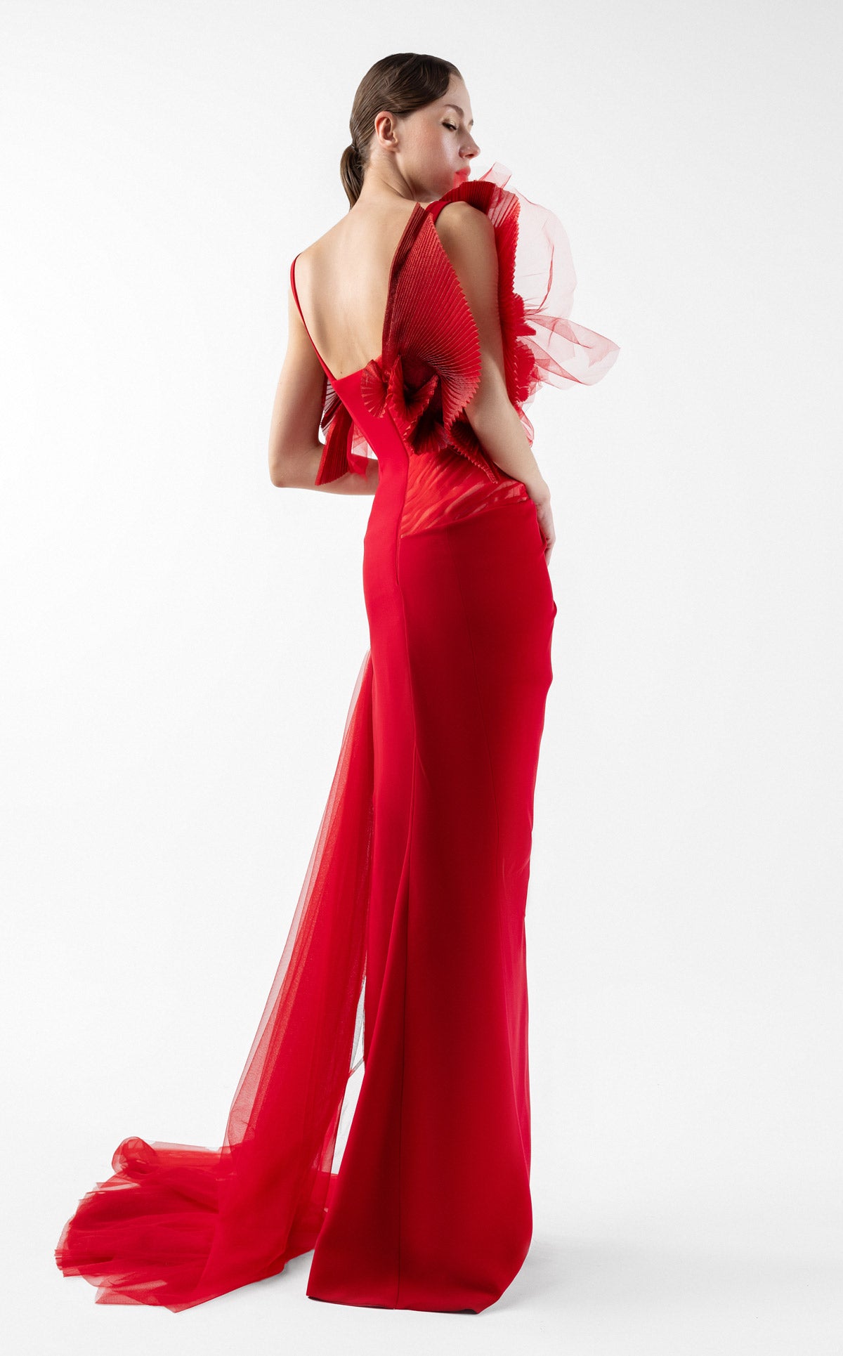 Crimson Whisper Red Crepe and Ethereal Tulle Evening Gown G2001
