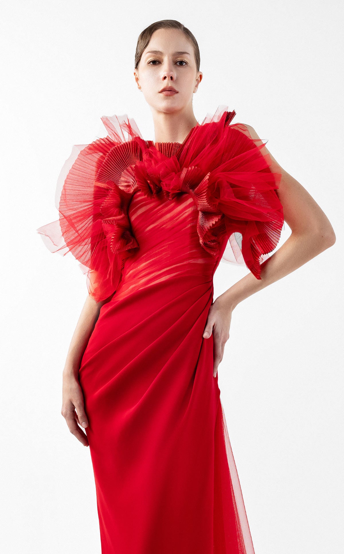 Crimson Whisper Red Crepe and Ethereal Tulle Evening Gown G2001