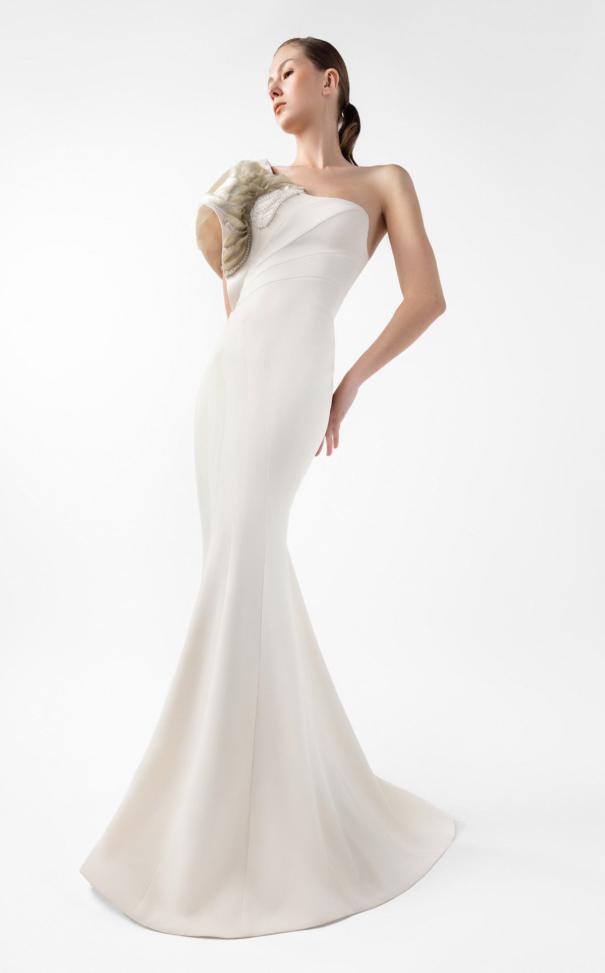 Moonlit Pearl, One-Shoulder Cream Mermaid Gown G2003