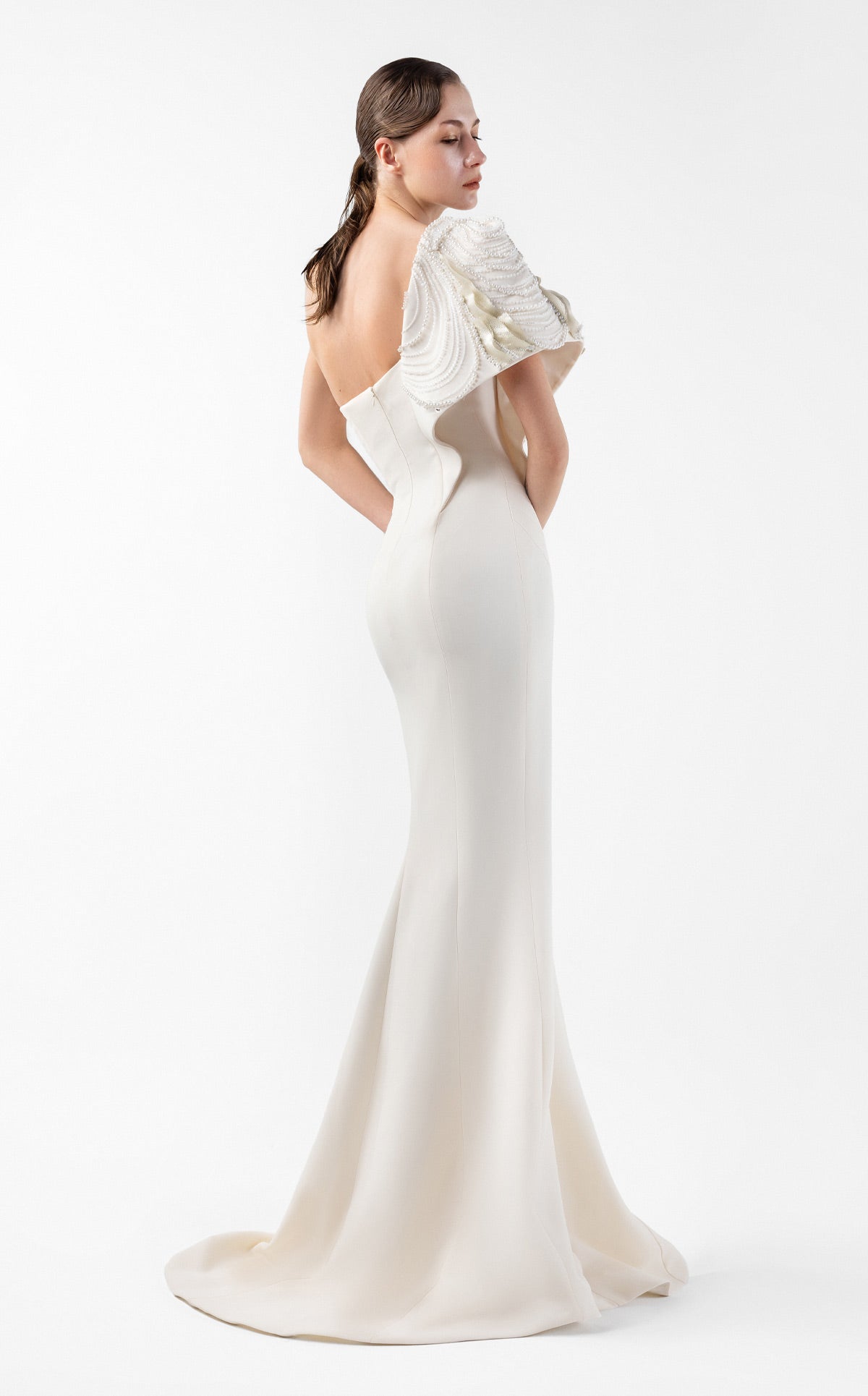 Moonlit Pearl, One-Shoulder Cream Mermaid Gown G2003
