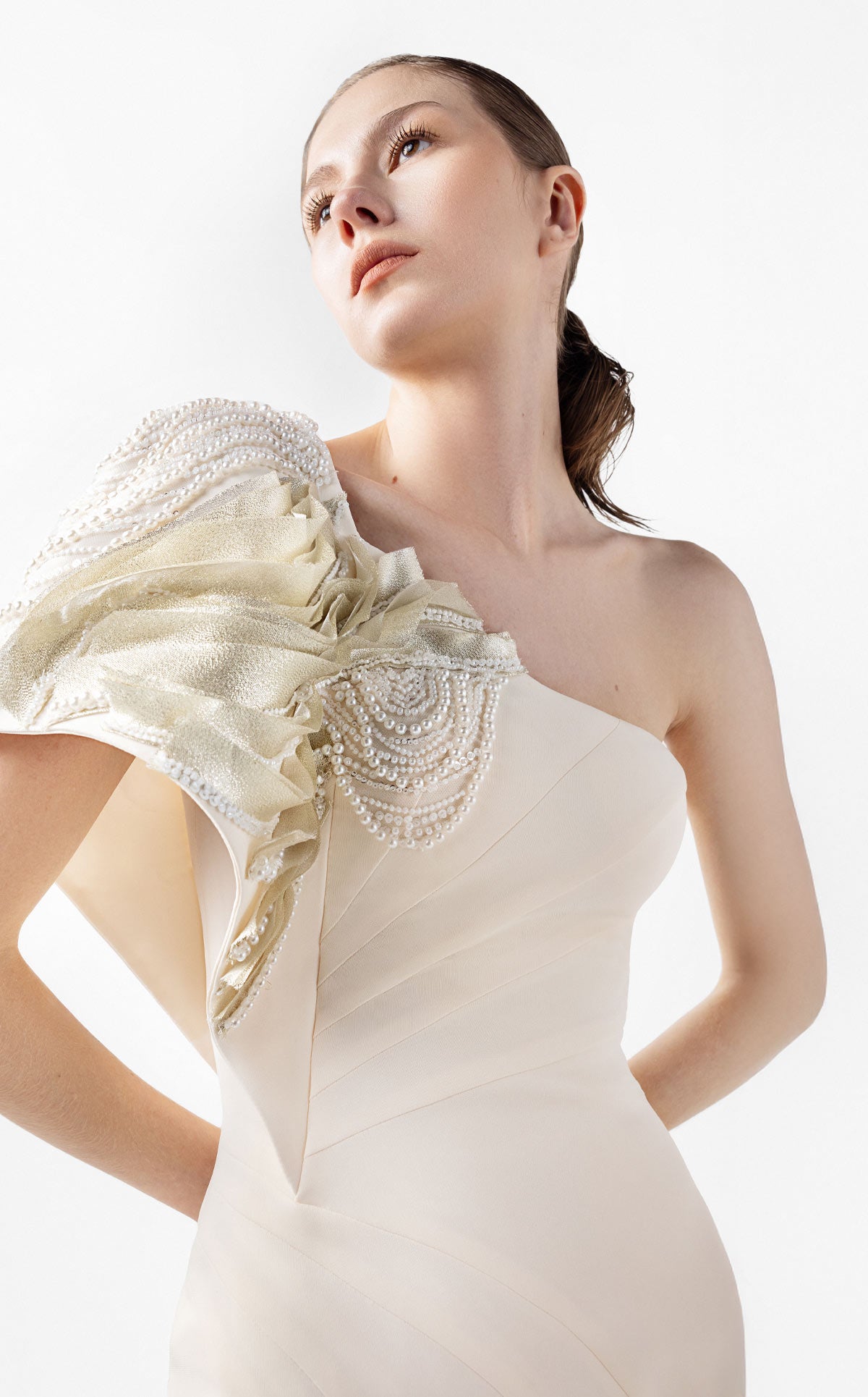 Moonlit Pearl, One-Shoulder Cream Mermaid Gown G2003