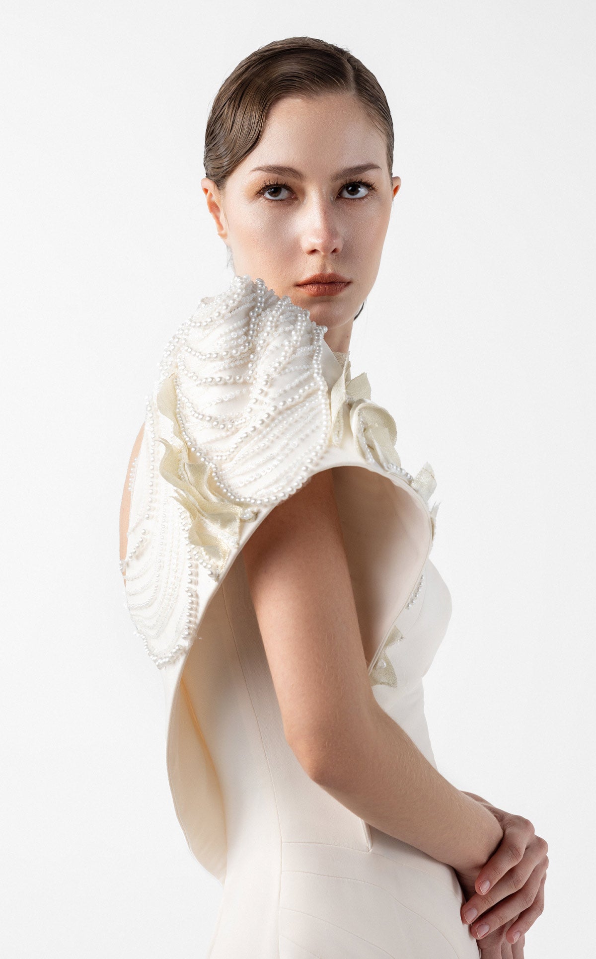 Moonlit Pearl, One-Shoulder Cream Mermaid Gown G2003