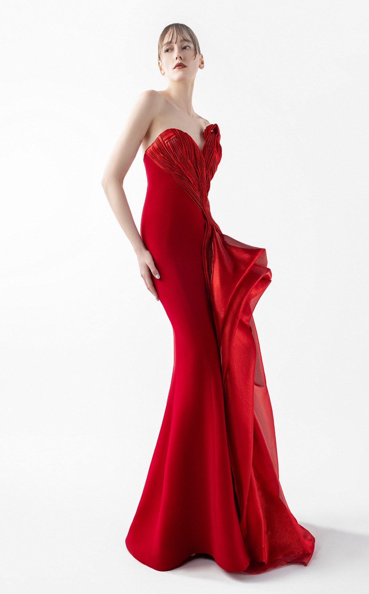 Scarlet Opulence Gown with Architectural Draping G2006
