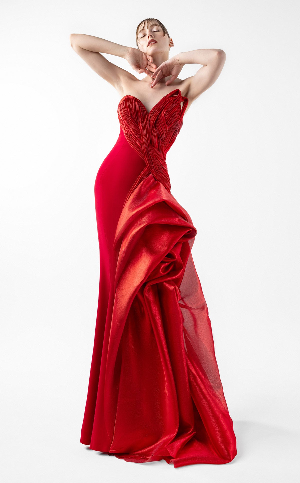 Scarlet Opulence Gown with Architectural Draping G2006