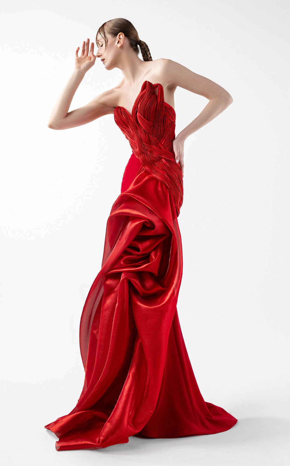 Scarlet Opulence Gown with Architectural Draping G2006