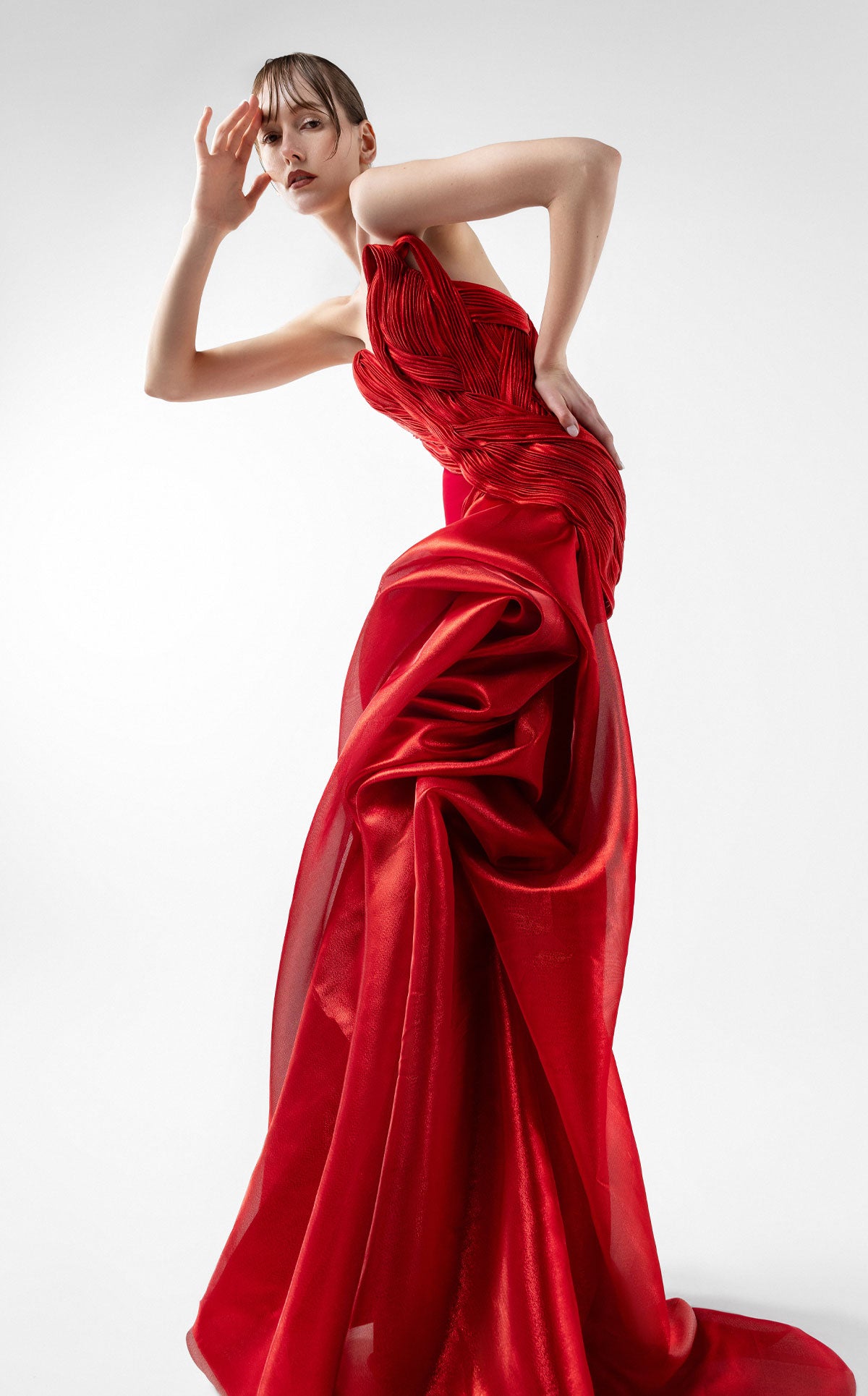 Scarlet Opulence Gown with Architectural Draping G2006