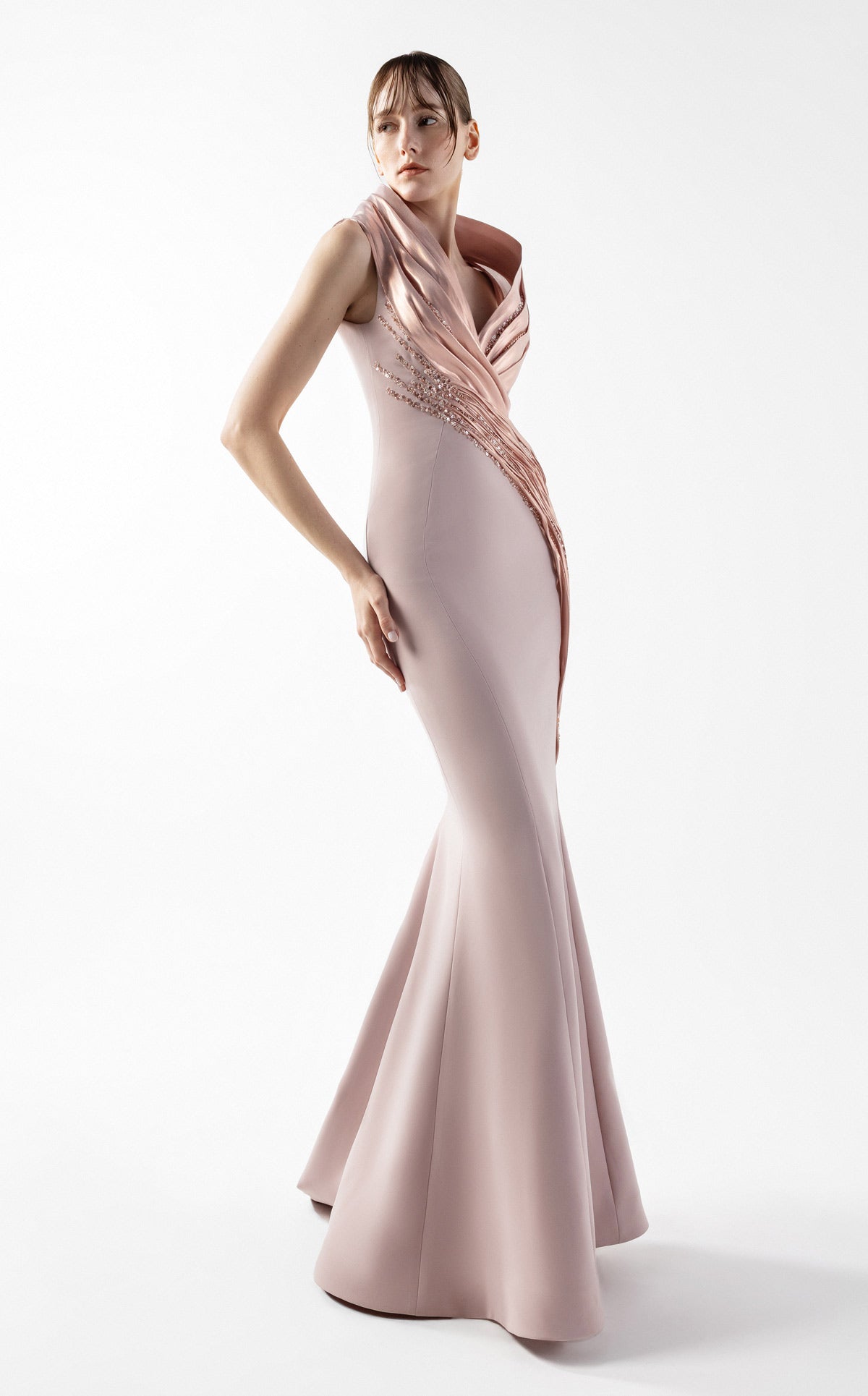 Lace Embellished Halter-Neck Rosé Gown G2012