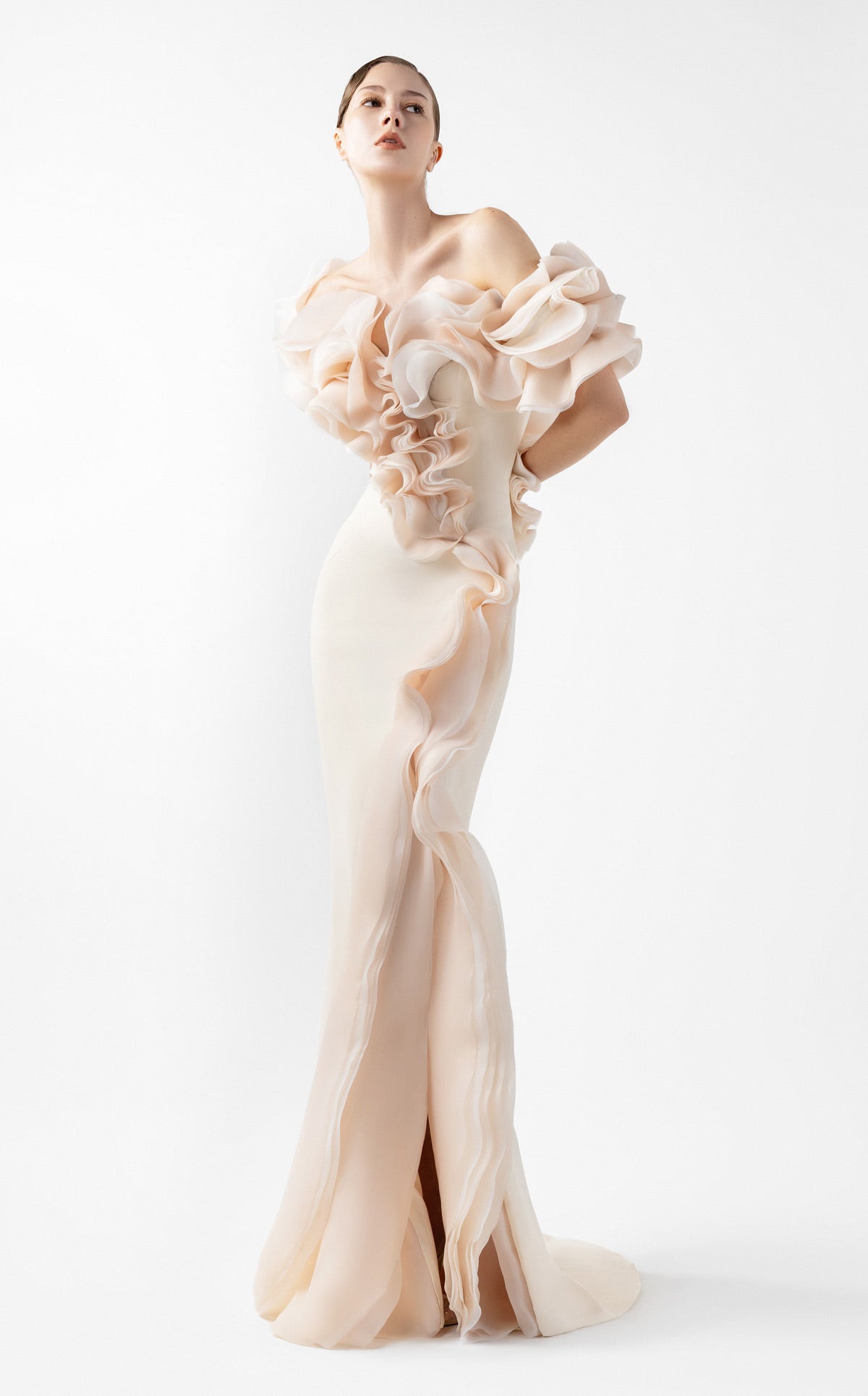 Romantic Cream Gown with Blooming Peach Ruffles G2013