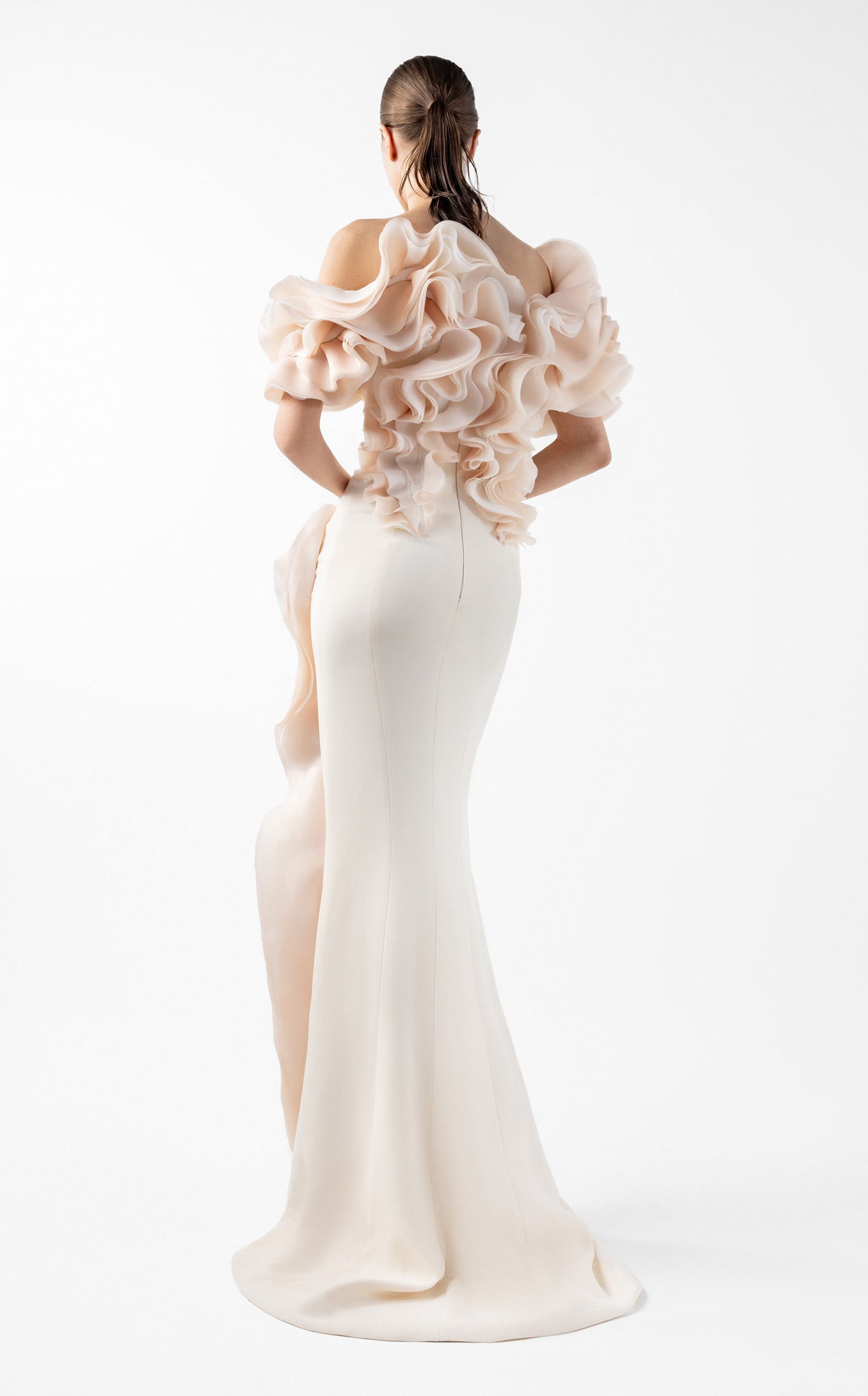 Romantic Cream Gown with Blooming Peach Ruffles G2013