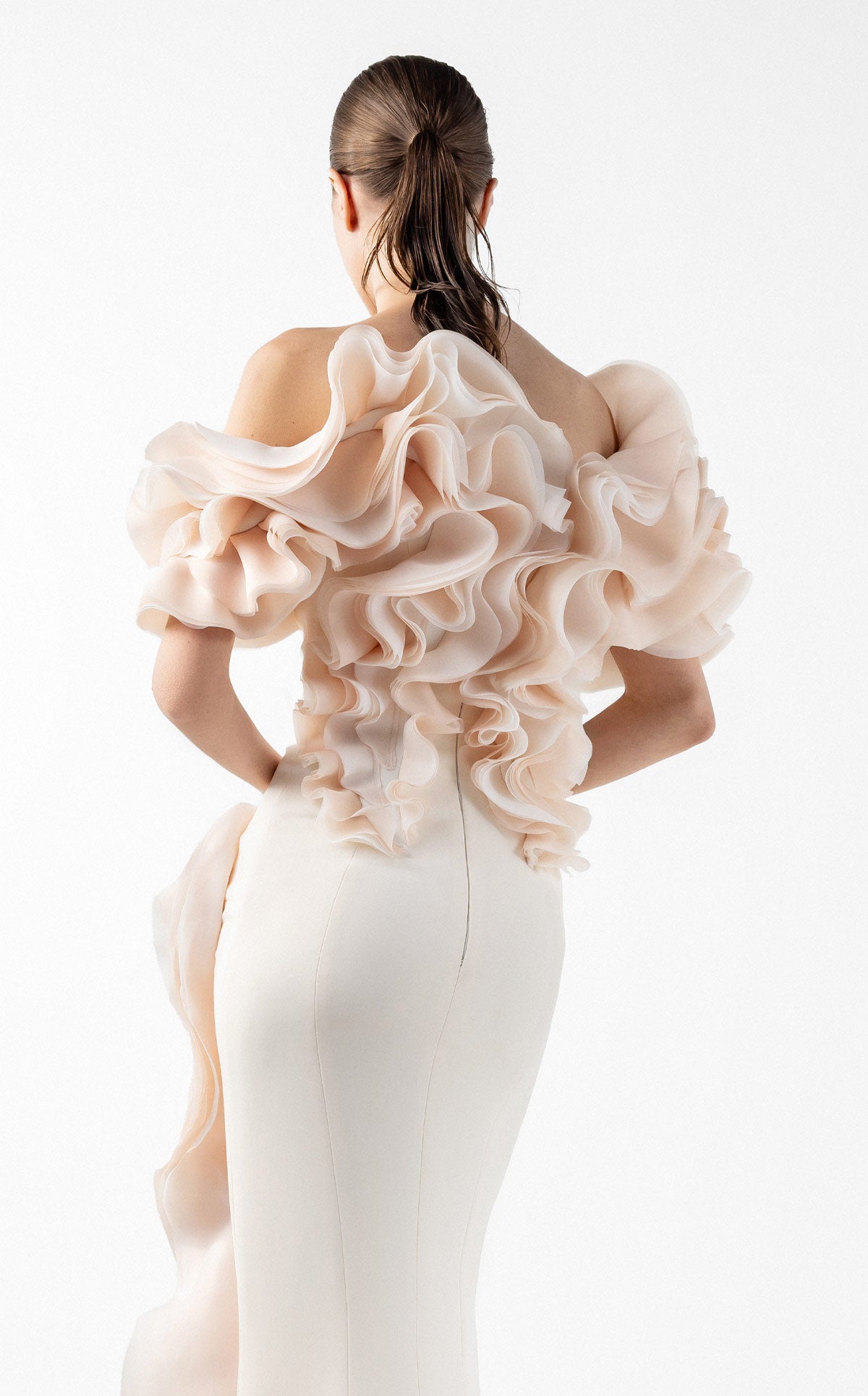 Romantic Cream Gown with Blooming Peach Ruffles G2013