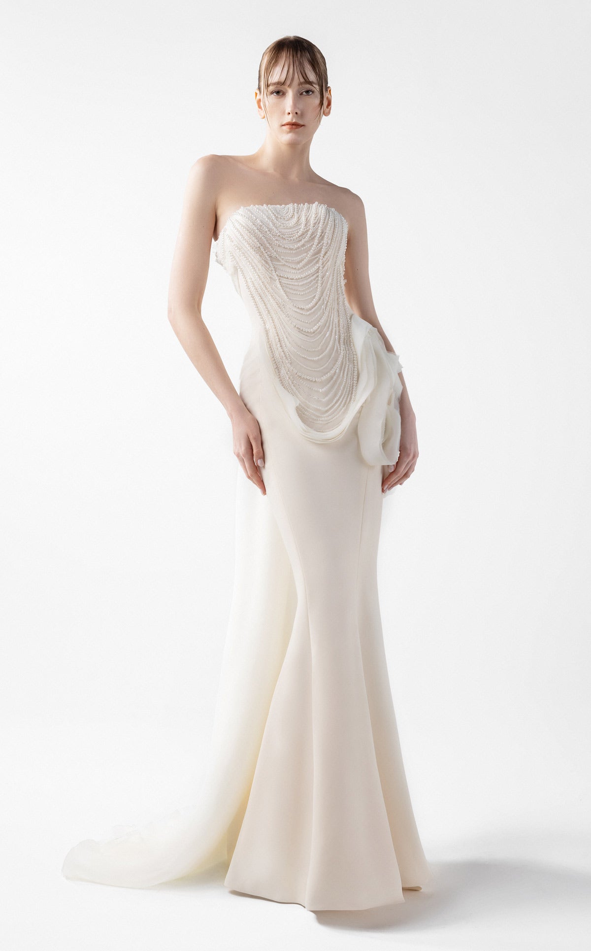 Iridescent Pearl Mermaid Gown with Petal Accents G2015 Iridescent Pearl Mermaid Gown with Petal Accents G2015