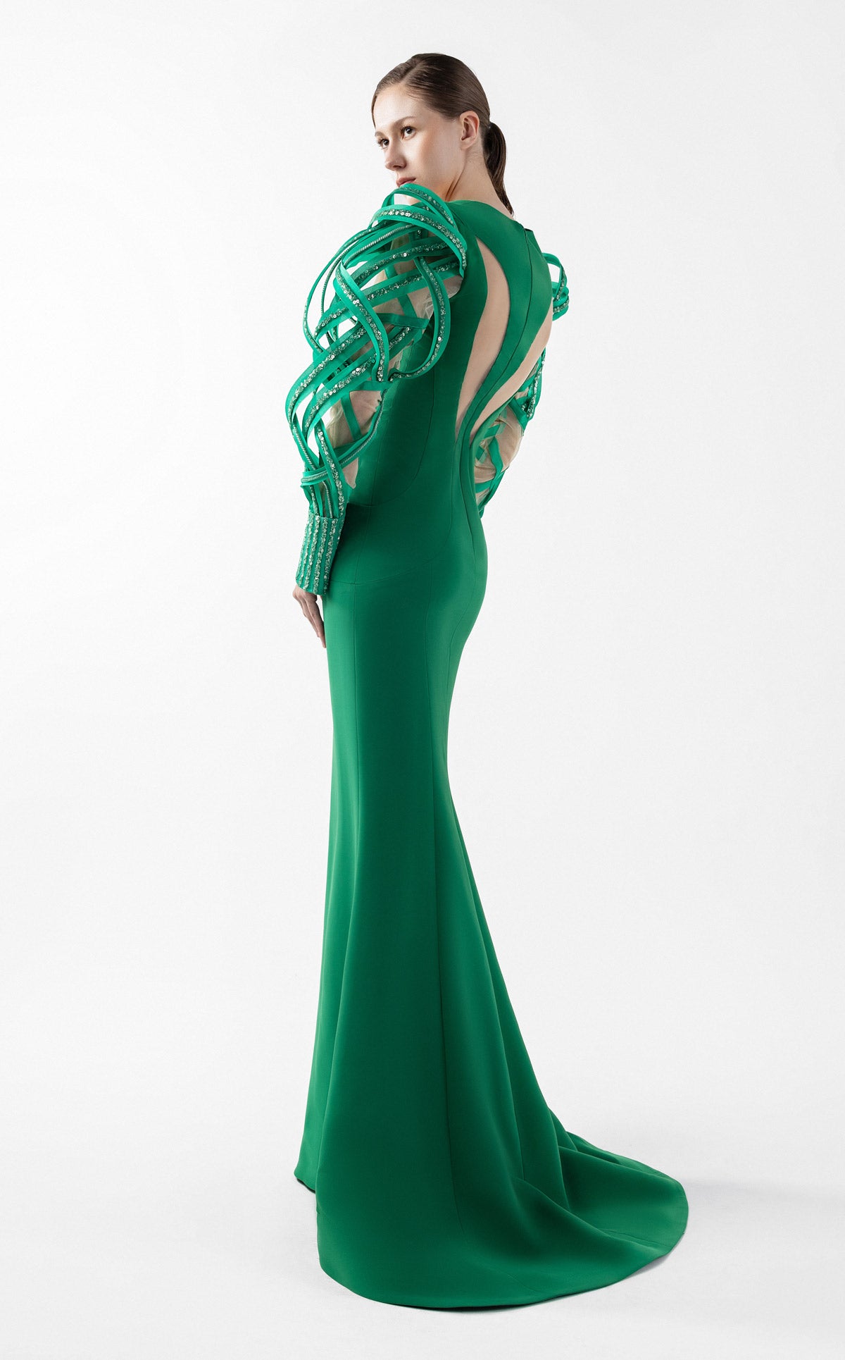 Emerald Dreamweaver Gown With Illusion Sleeves G2017