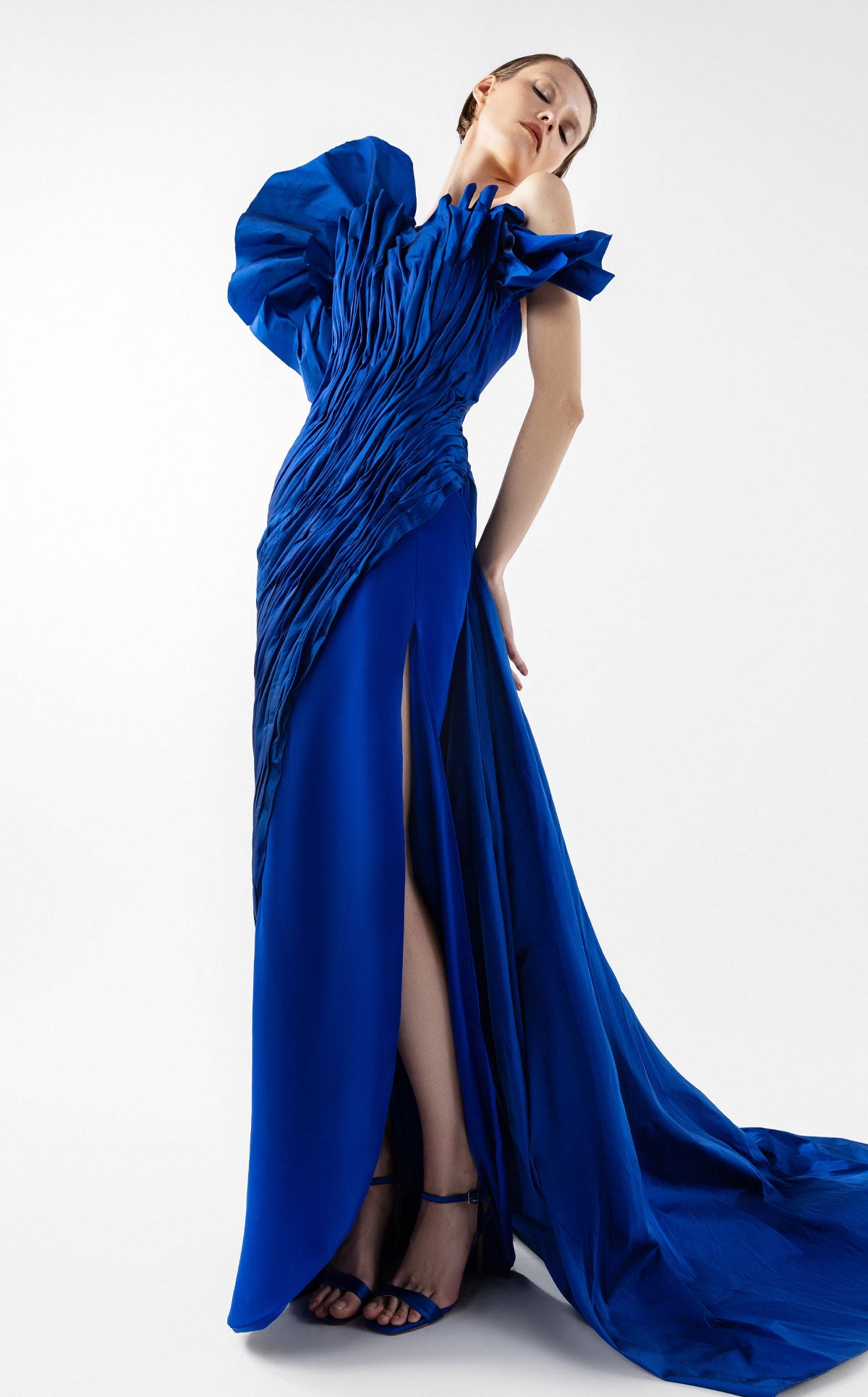 Sculptural Taffeta Bodice Royal Blue Gown G2019