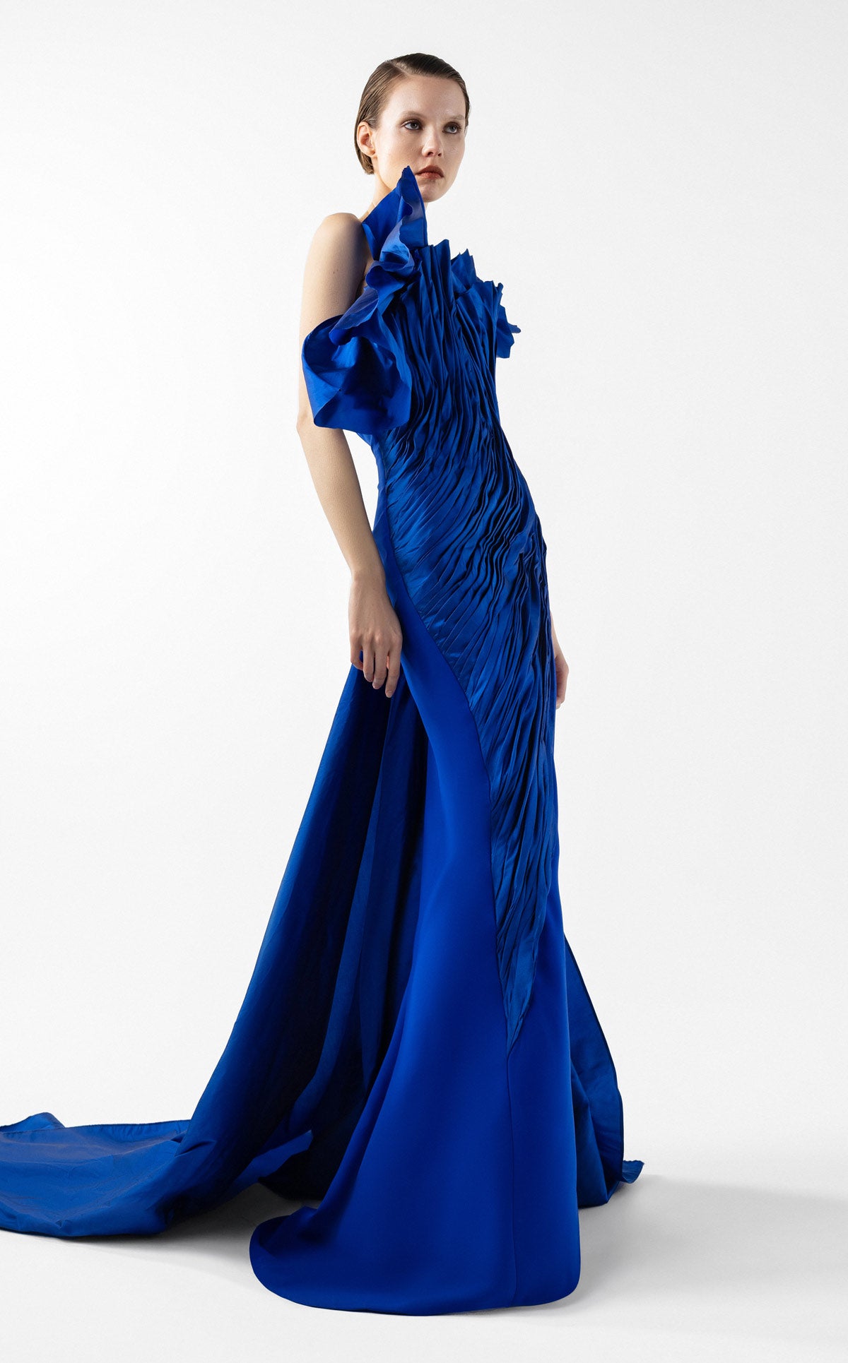 Sculptural Taffeta Bodice Royal Blue Gown G2019
