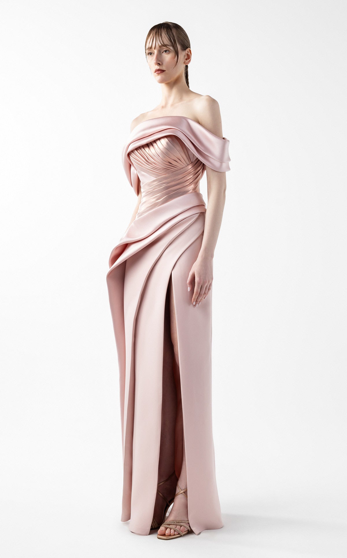 Sophisticated Mixed Media Off Shoulder Pink Dress G2020