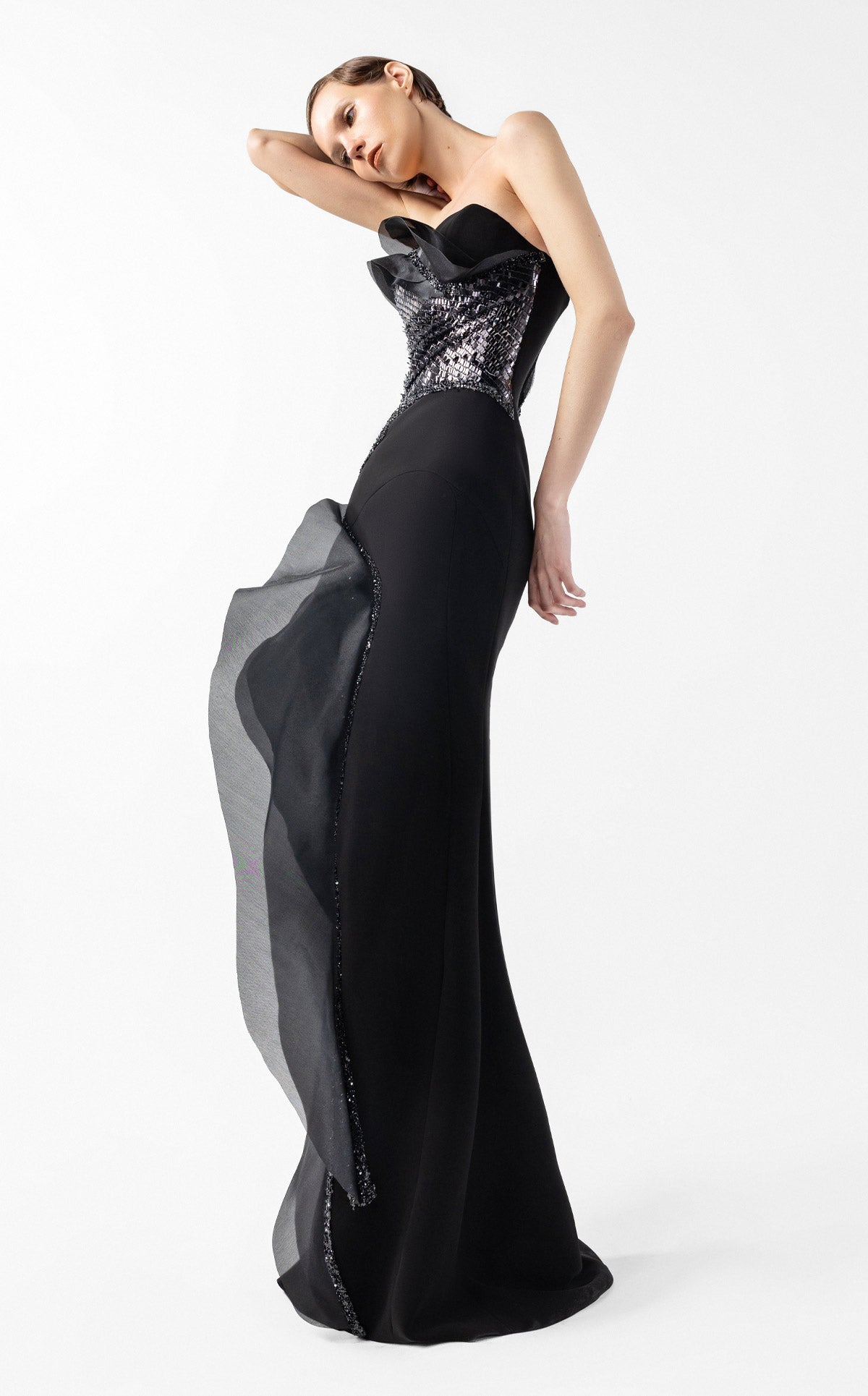 Sculpted Black Mirage Dress with Floating Layers G2021
