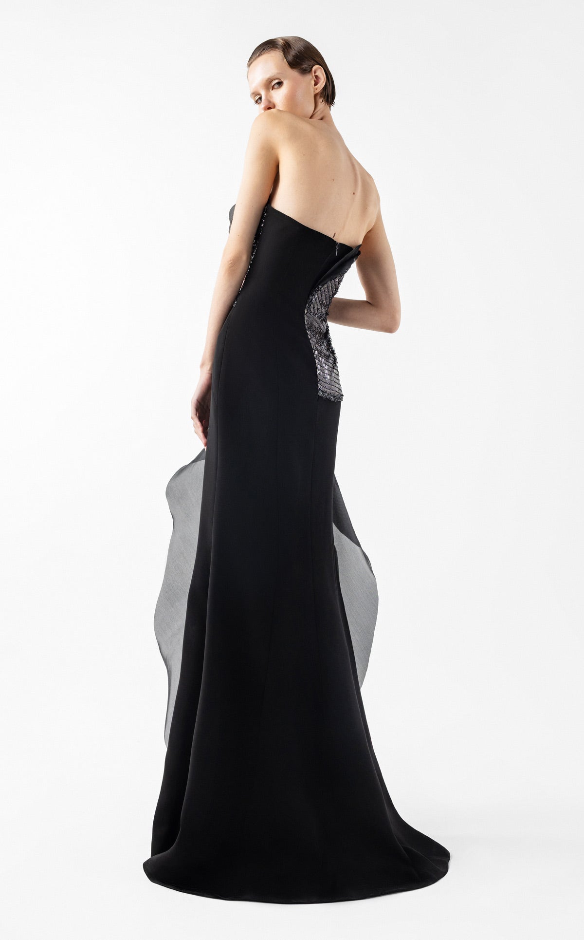 Sculpted Black Mirage Dress with Floating Layers G2021