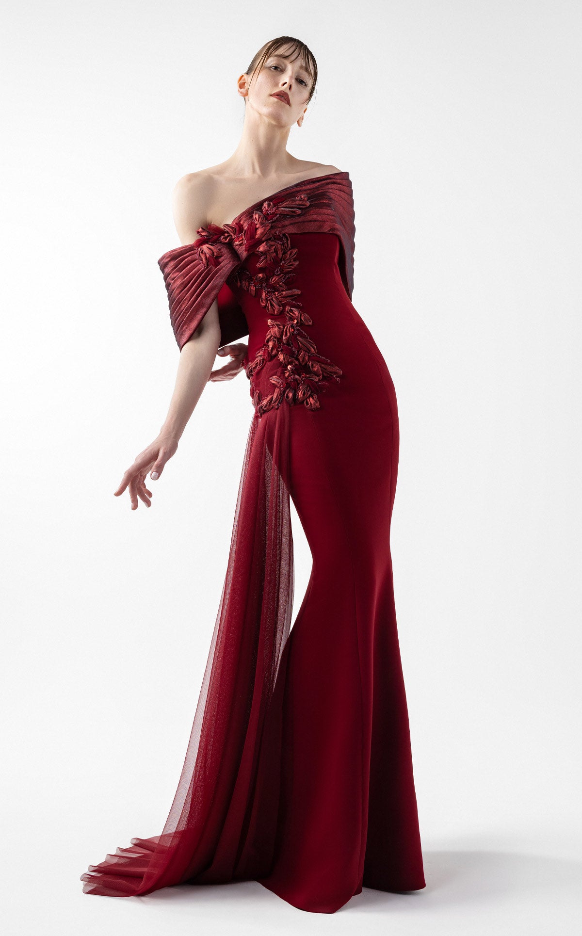 Grand Bordeaux Mermaid Gown with Embroidered Organza G2022