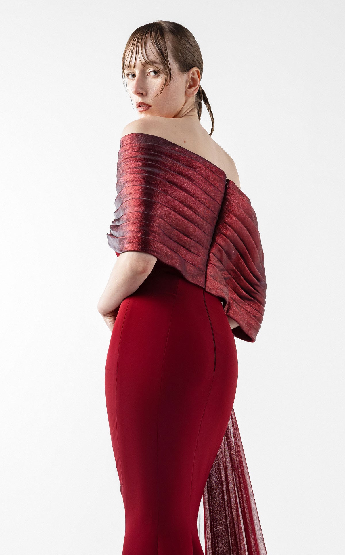 Grand Bordeaux Mermaid Gown with Embroidered Organza G2022