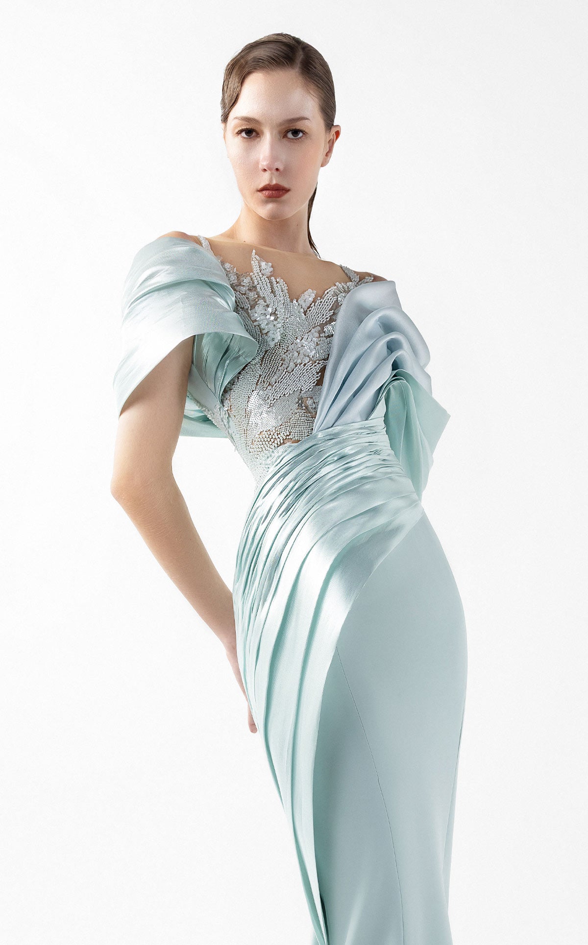 Mint Reverie Mermaid Gown with Off-Shoulder Draping G2024