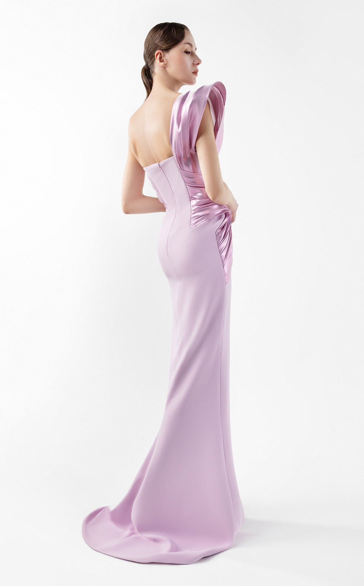 Crepe & Metallic Gown with Slit and Folds Pink / US 8