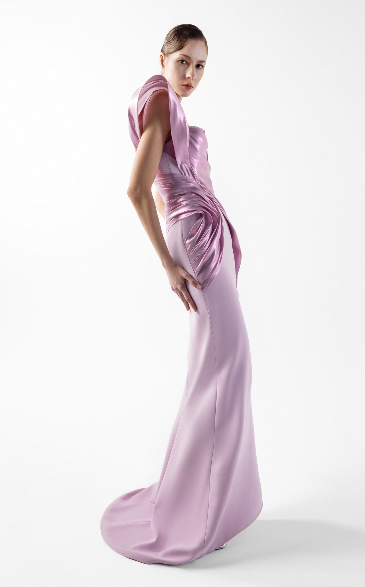 liquid metallic dress Crepe & Metallic Gown with Slit and Folds Pink / US 8
