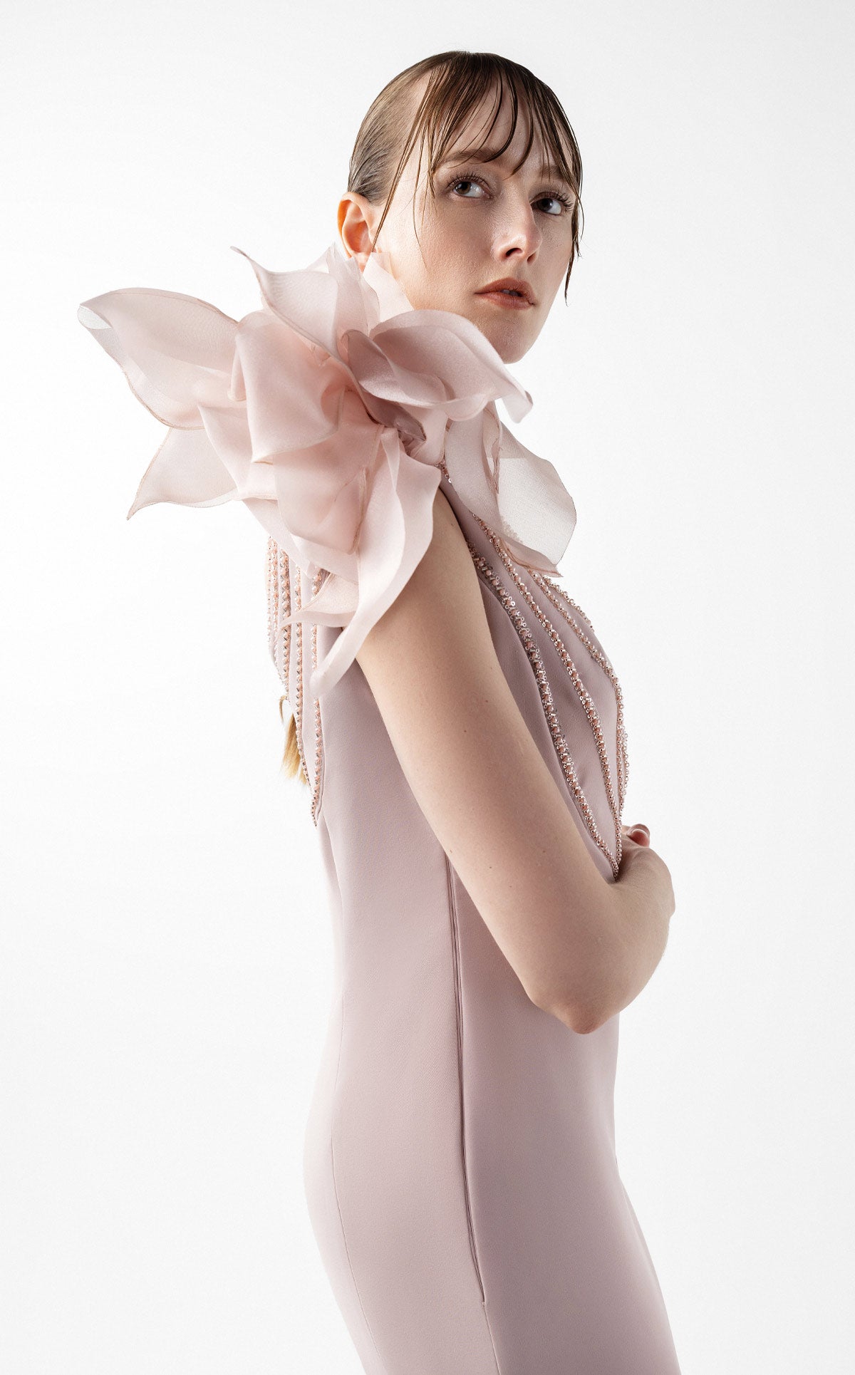 Rosé Petal Cascading Beaded Floral Gown G2026