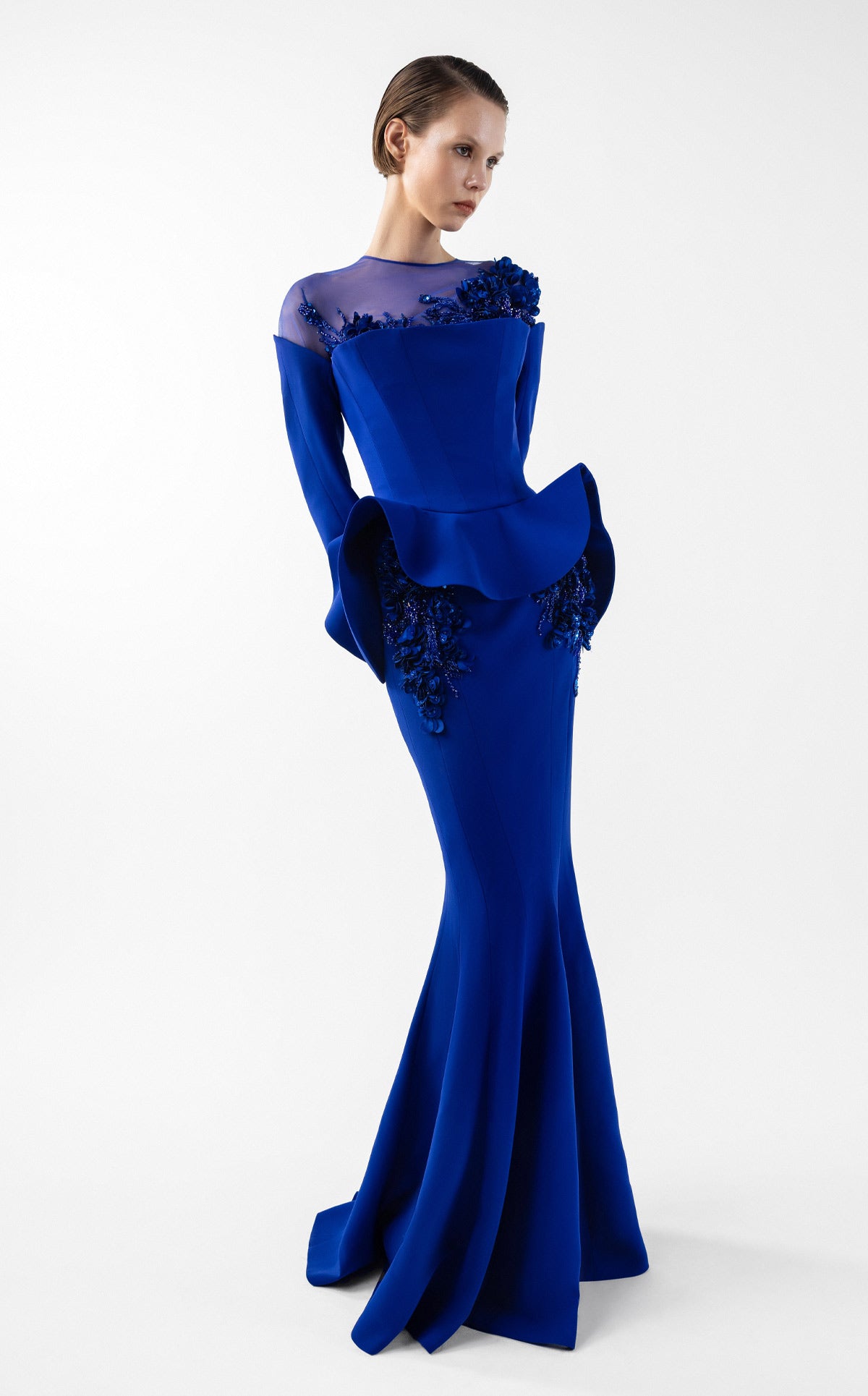 Embroidered Mermaid Gown with Peplum Detail Blue / US 10 Embroidered Mermaid Gown with Peplum Detail Blue / US 10