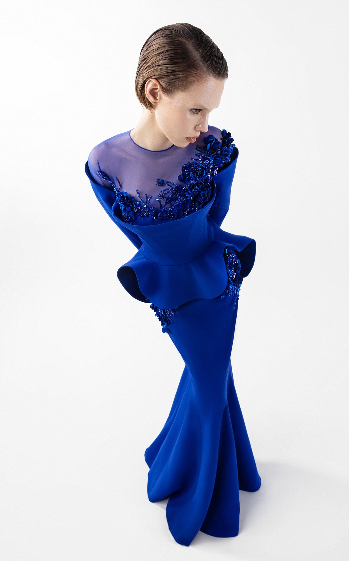 blue mermaid style dress Embroidered Mermaid Gown with Peplum Detail Blue / US 10