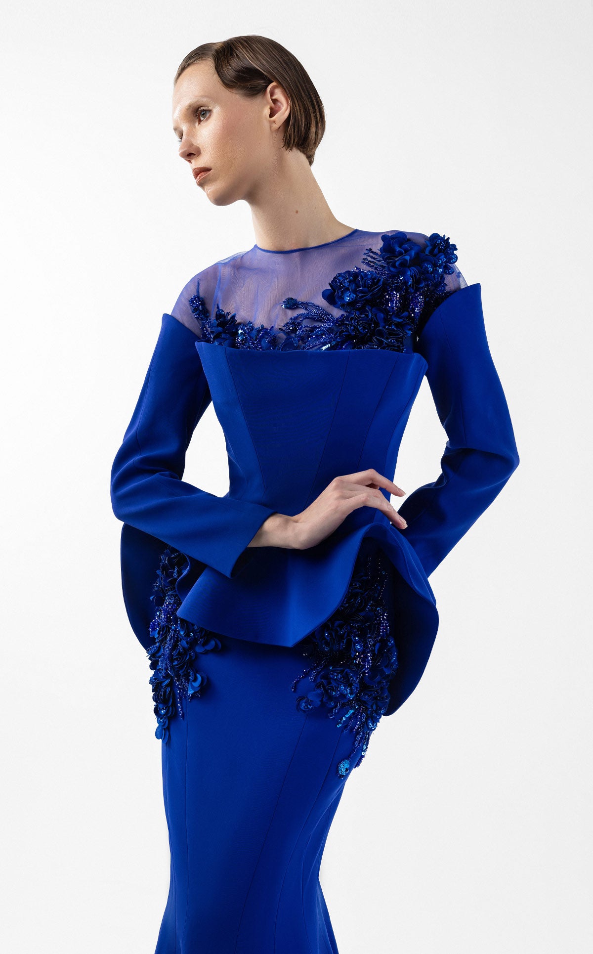 Enchanted Peplum Royal Blue Mermaid Gown with Embroidery G2029
