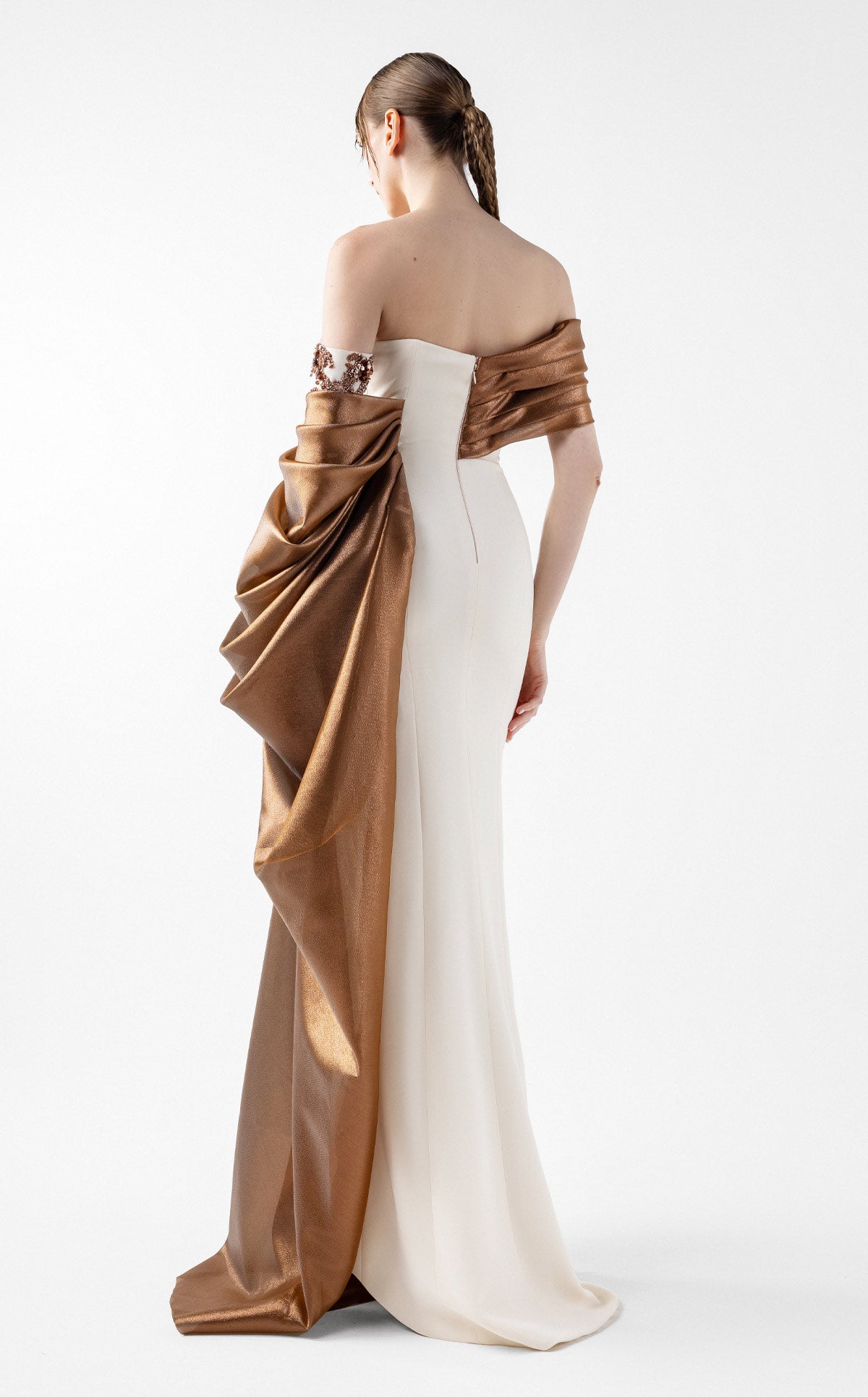Cream Crepe Gown with Lame Organza Draping & Embroidered Accents G2030