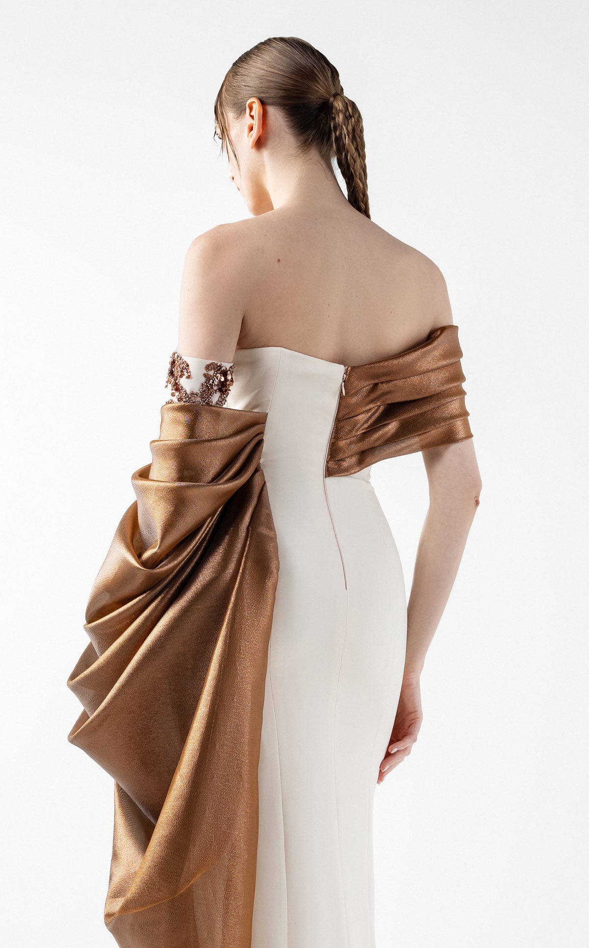 Cream Crepe Gown with Lame Organza Draping & Embroidered Accents G2030