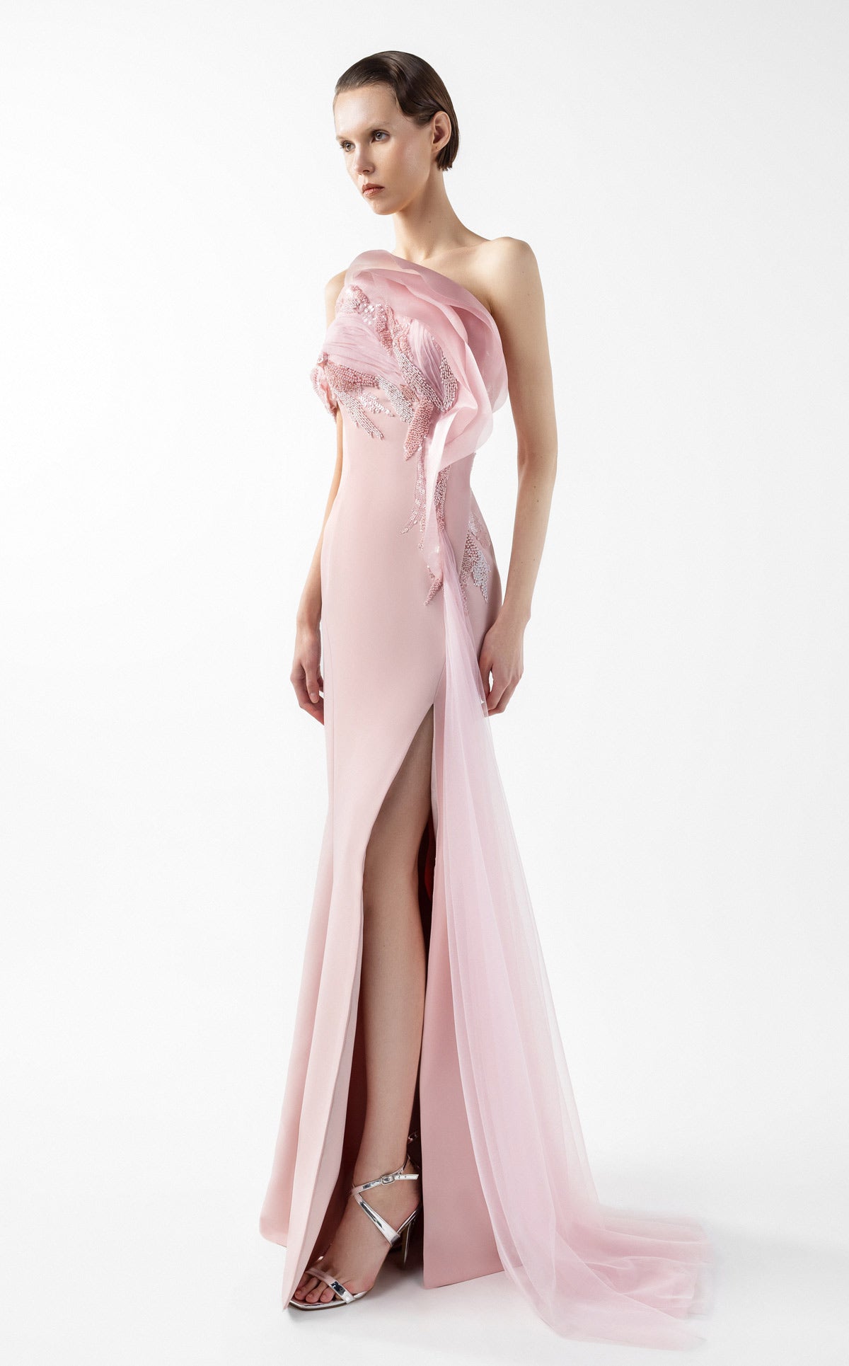 Rosé Sculpted Gown with Cascading Organza and Beaded Bloom G2031