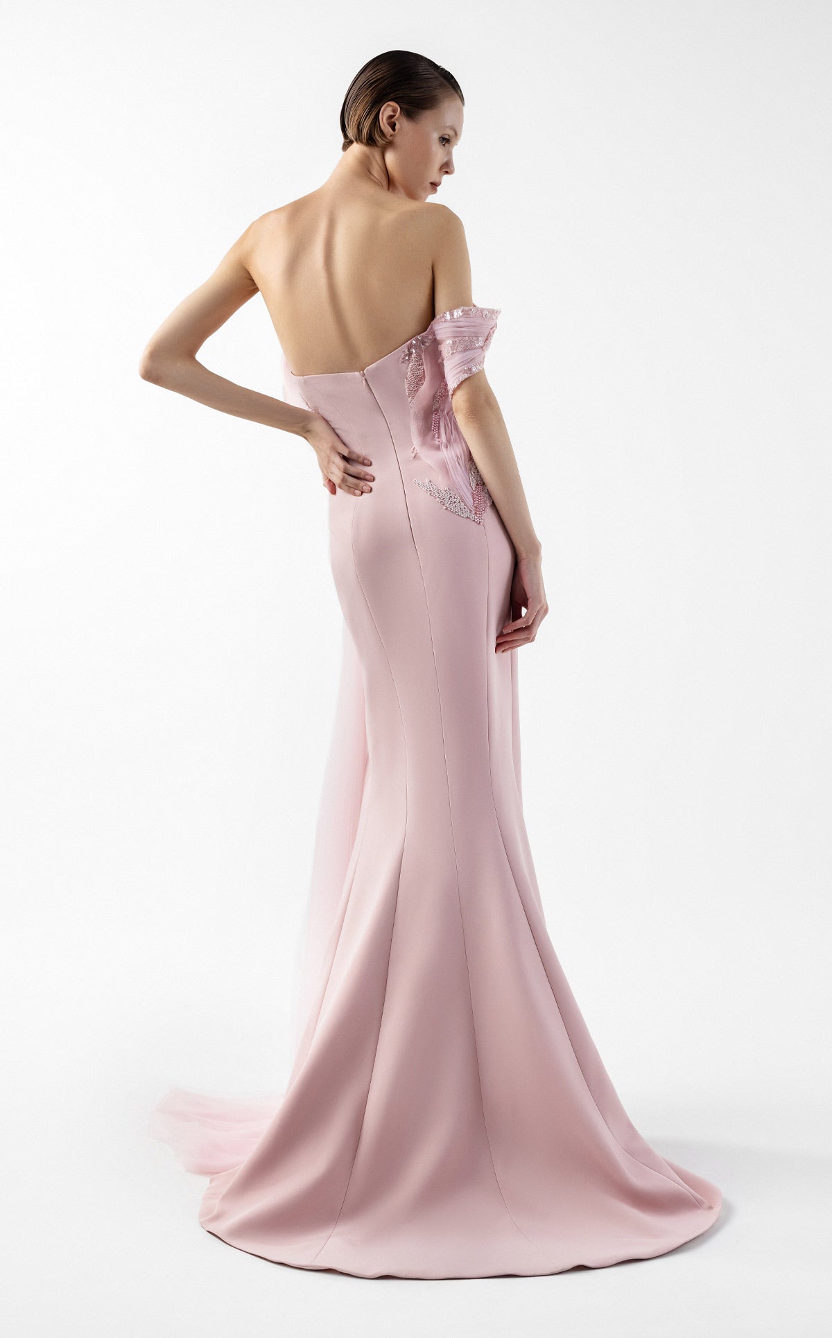 Rosé Sculpted Gown with Cascading Organza and Beaded Bloom G2031