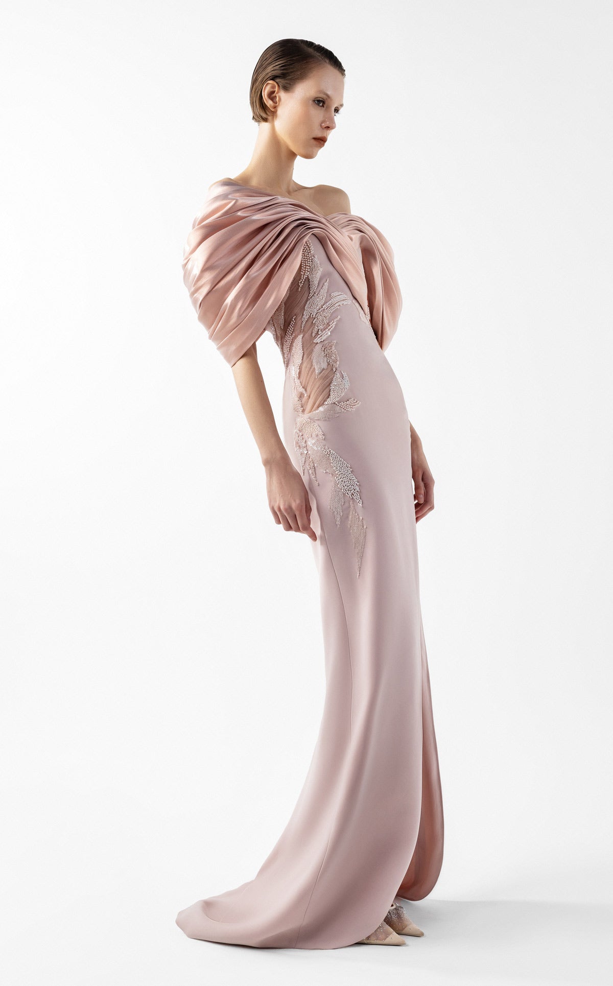 Draped Petal Crepe and Metallic Blush Gown G2034