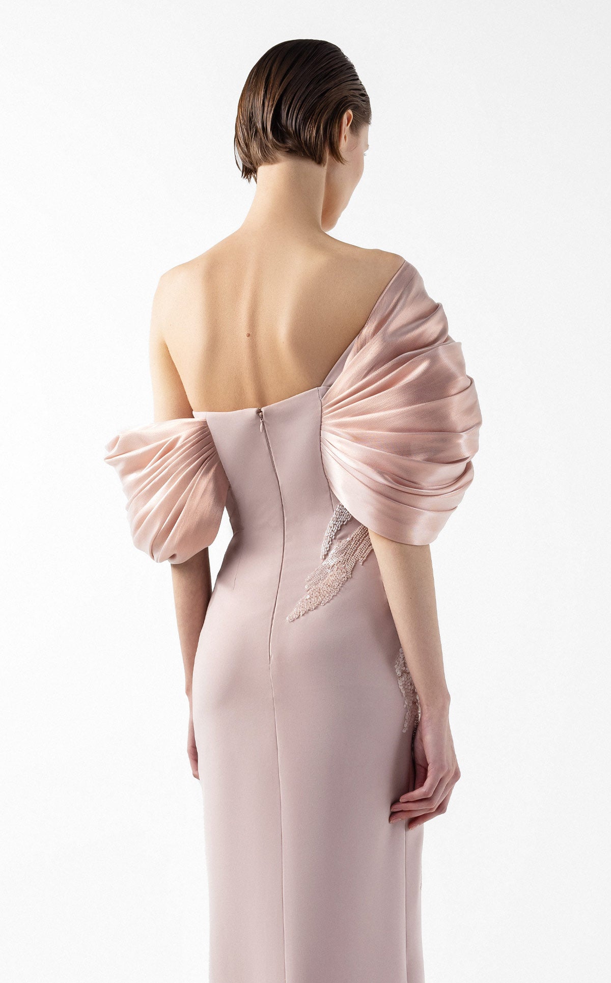 Draped Petal Crepe and Metallic Blush Gown G2034