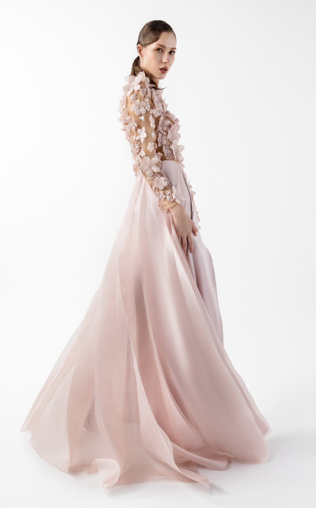 Ethereal Pink Floral Illusion Gown with Fluid Envelope Skirt G2035